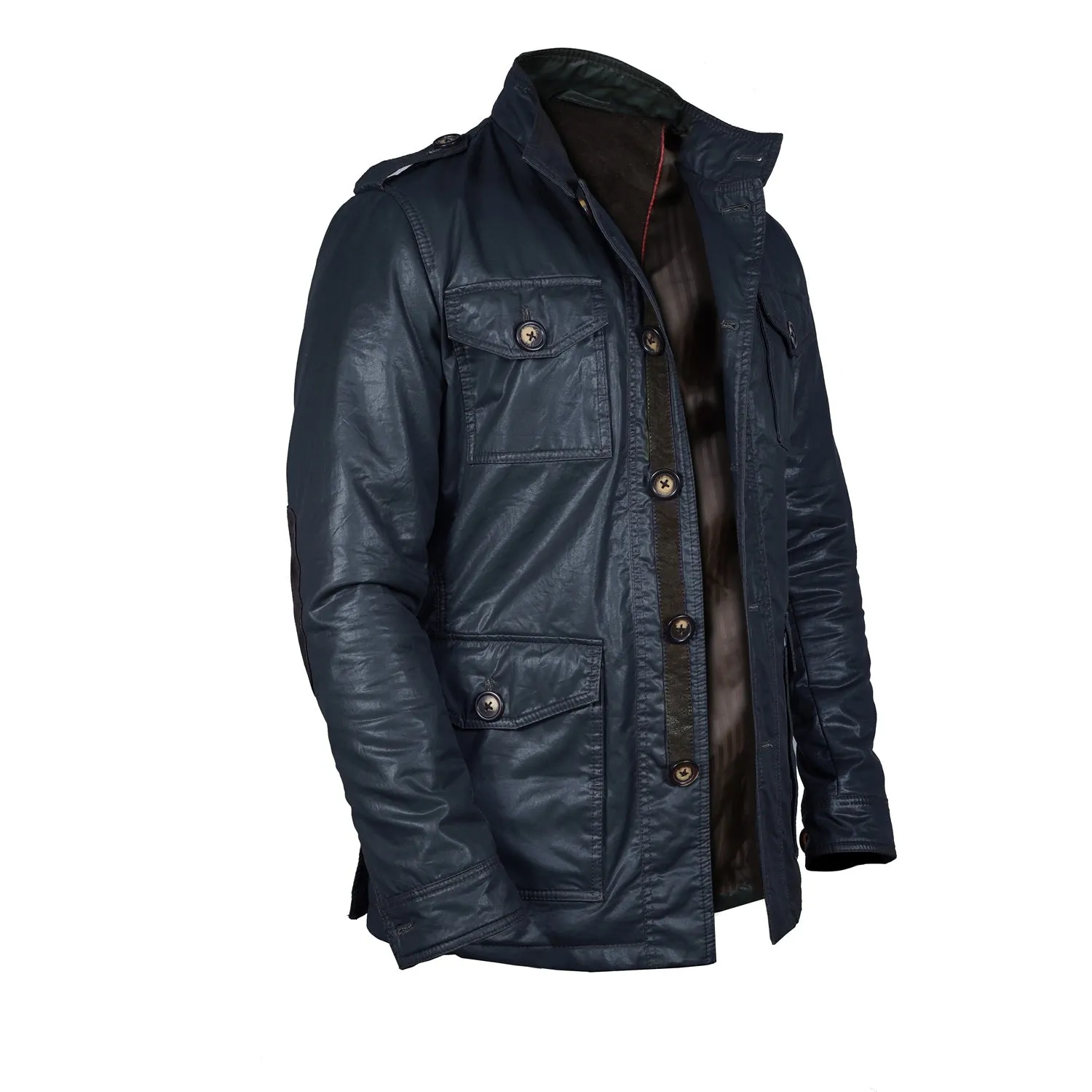 Blue Coat & Jacket with Contrasting Waxy Cotton and Leather Trims,