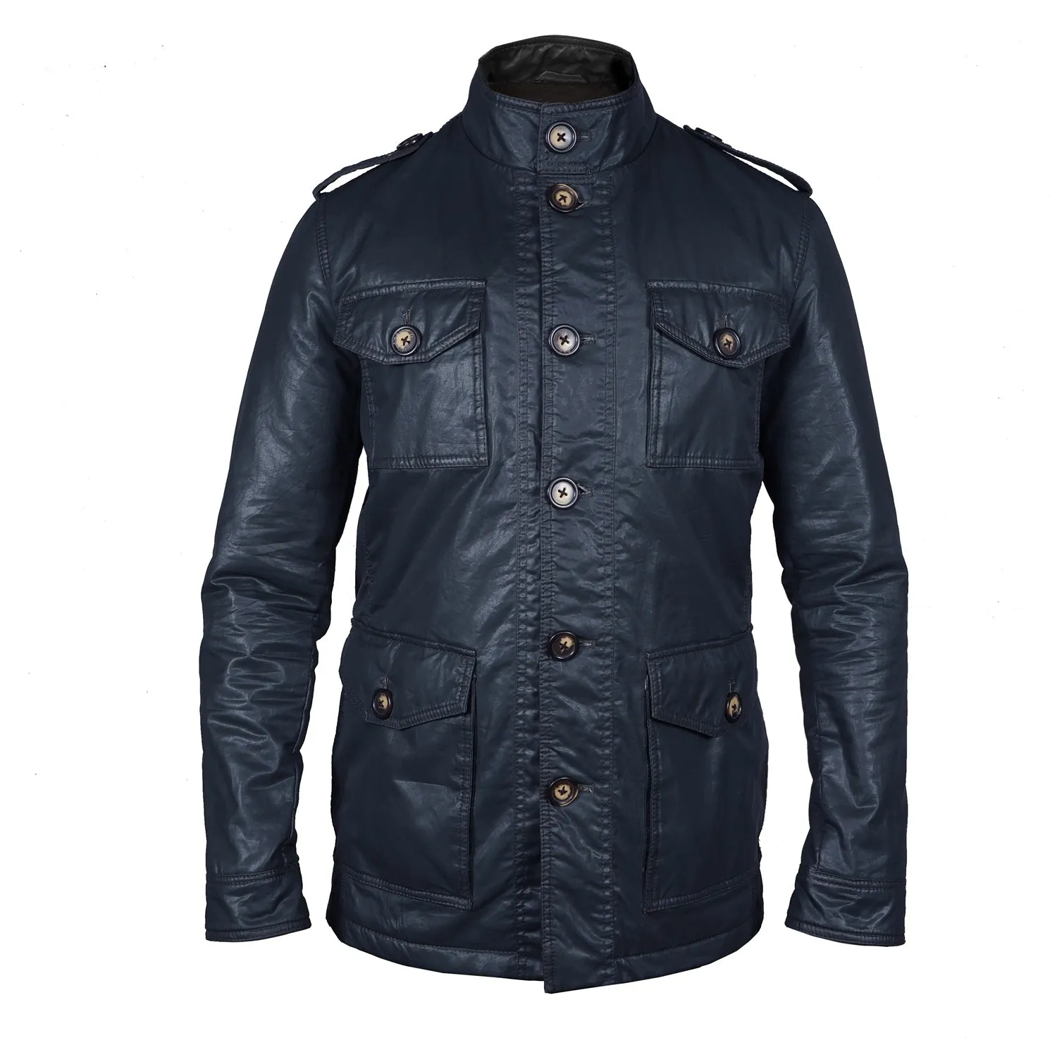 Blue Coat & Jacket with Contrasting Waxy Cotton and Leather Trims,