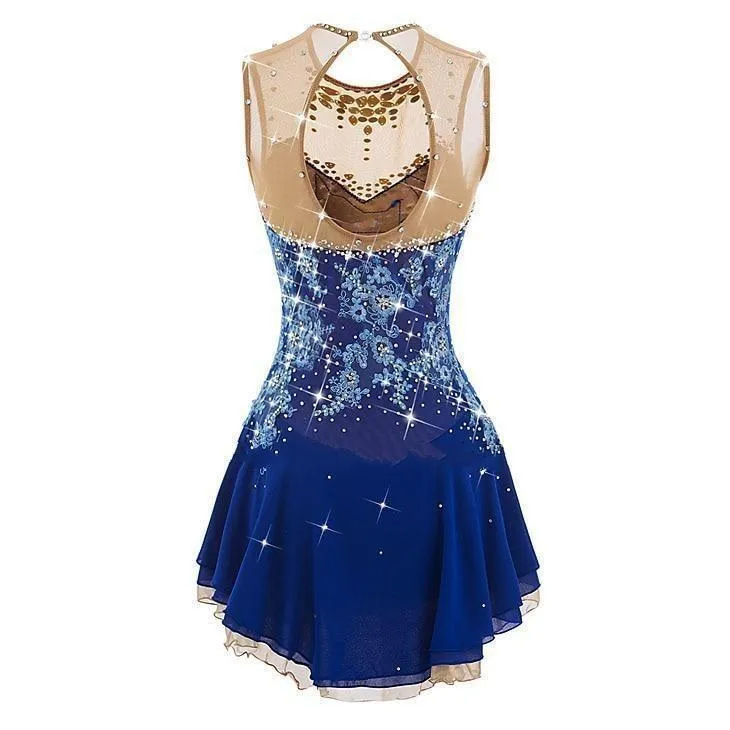 Blue Figure Skating Dress Dark Blue with Floral Appliques BSU2682.9 Stock