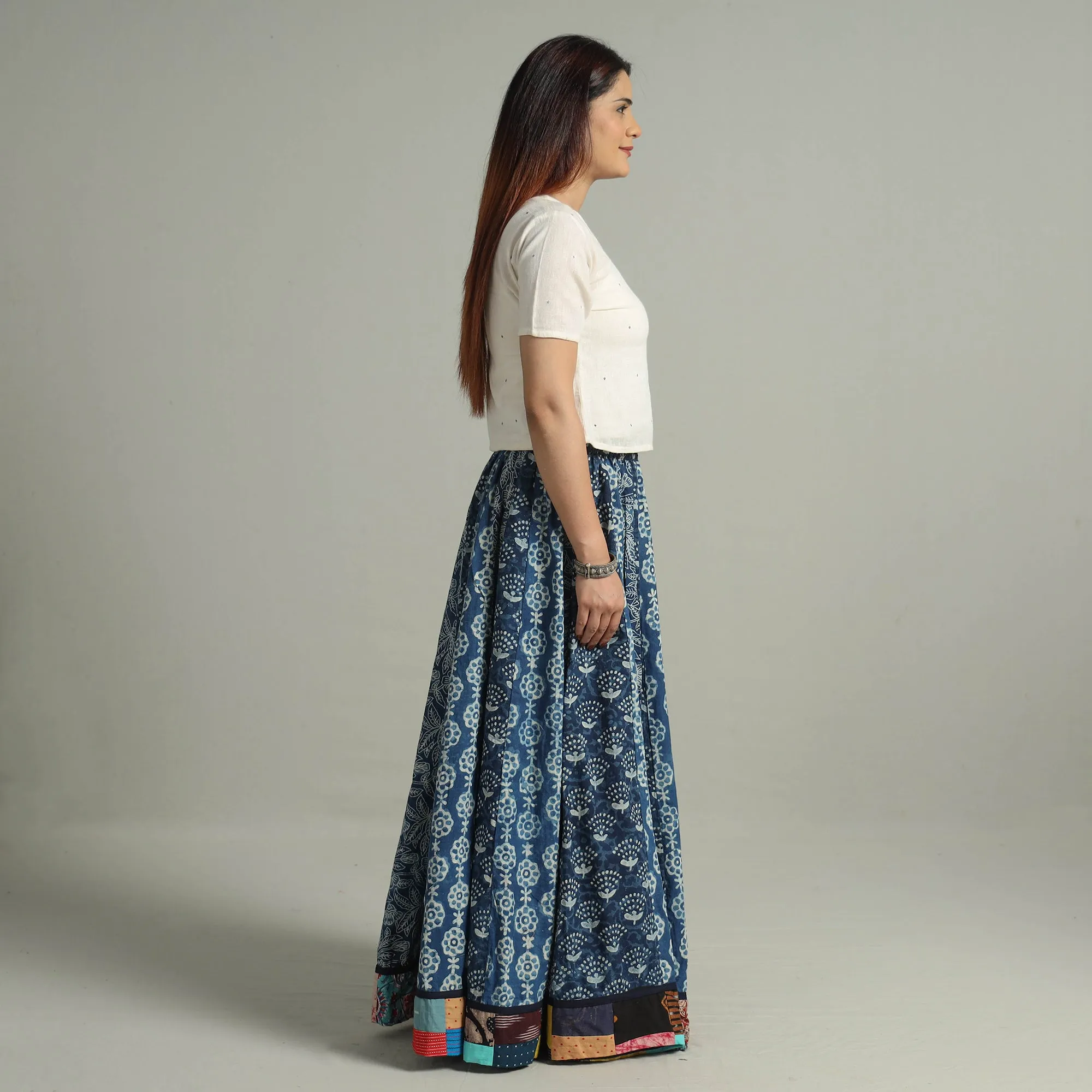 Blue - Indigo Block Printed 24 Kali Patchwork Cotton Long Skirt 02