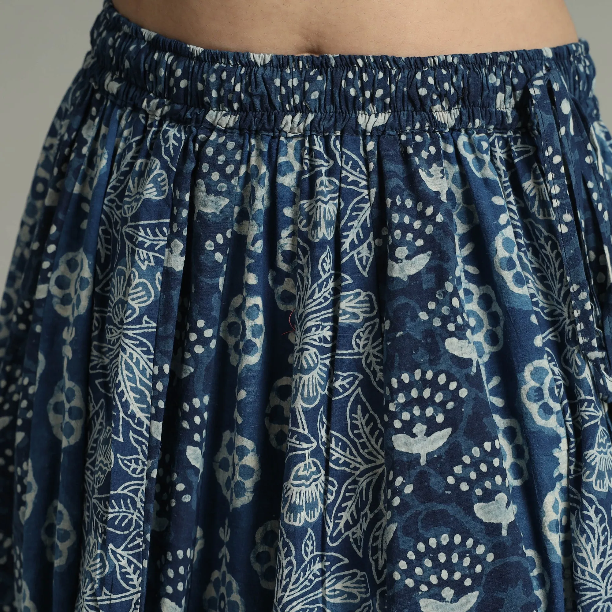 Blue - Indigo Block Printed 24 Kali Patchwork Cotton Long Skirt 02