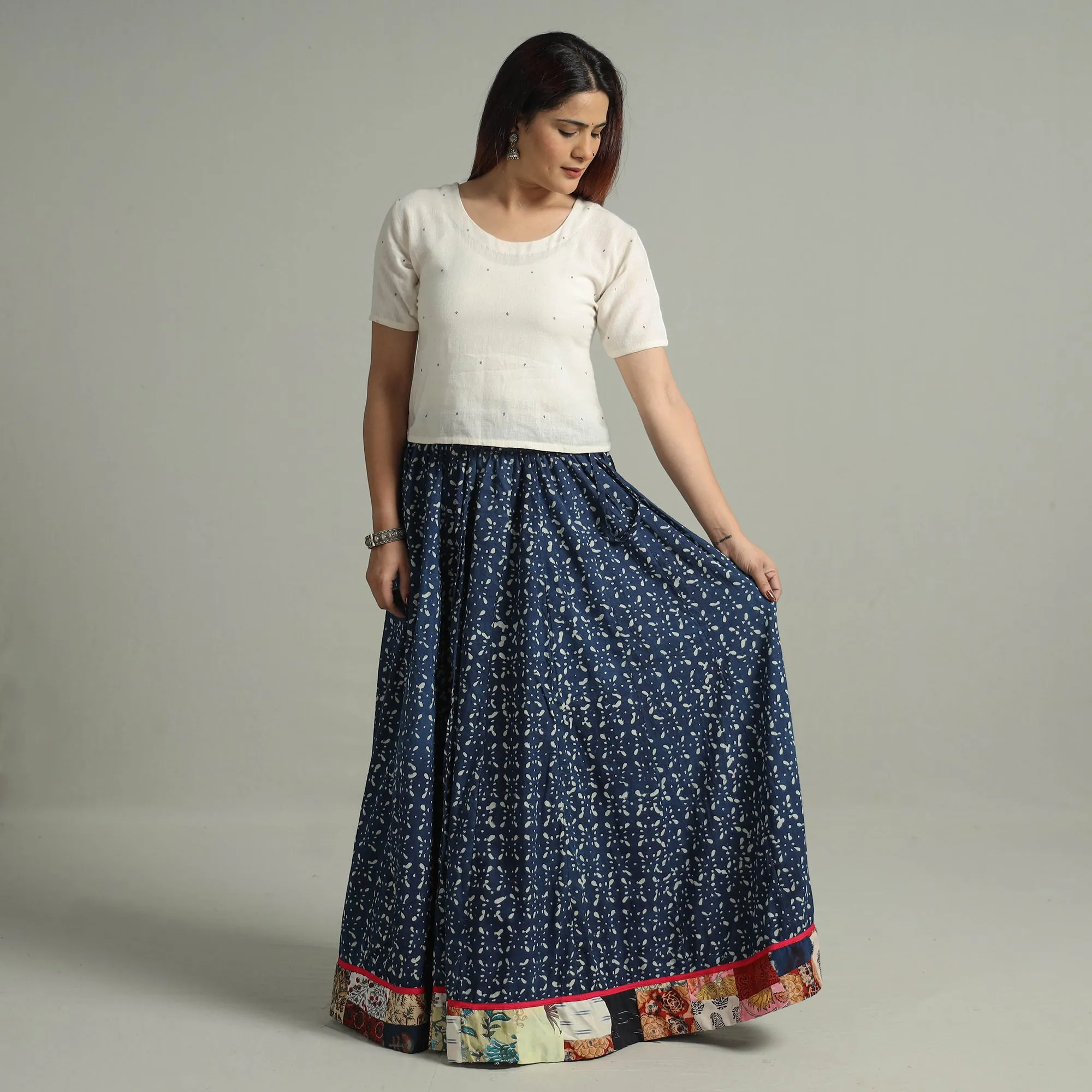 Blue - Indigo Block Printed 24 Kali Patchwork Cotton Long Skirt 03