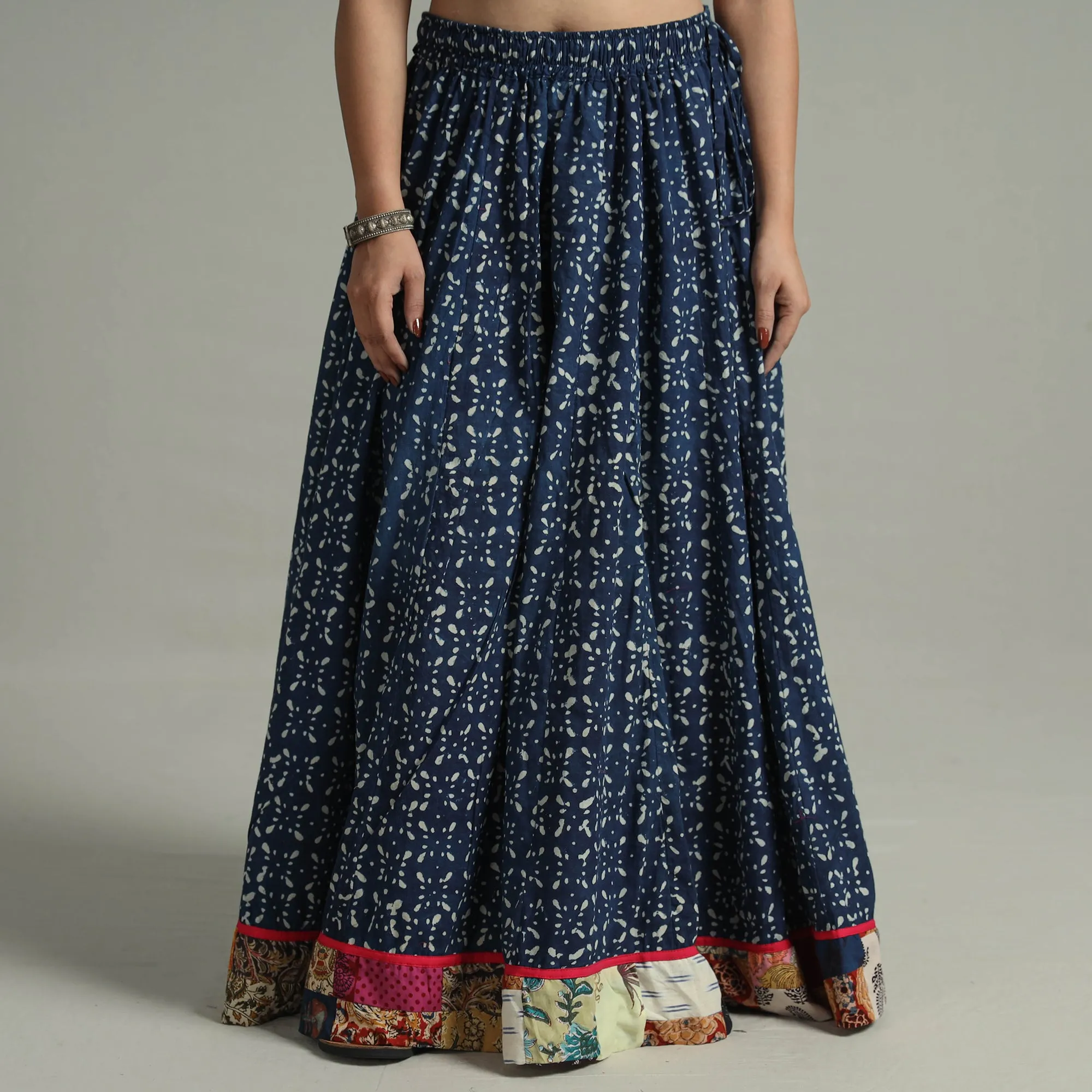 Blue - Indigo Block Printed 24 Kali Patchwork Cotton Long Skirt 03