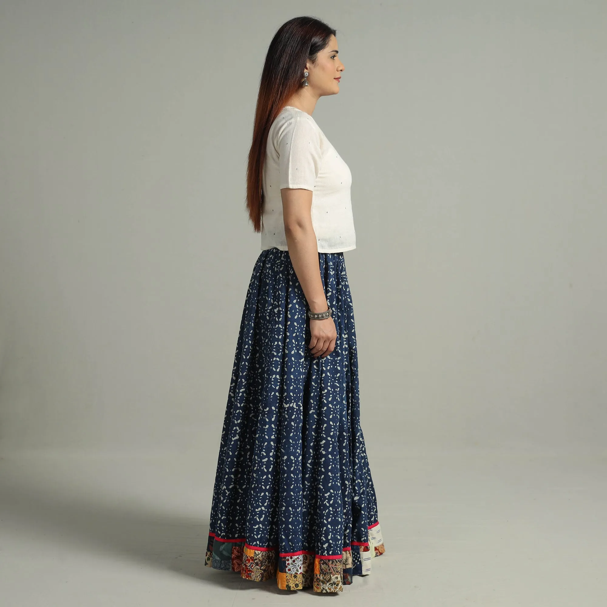 Blue - Indigo Block Printed 24 Kali Patchwork Cotton Long Skirt 03