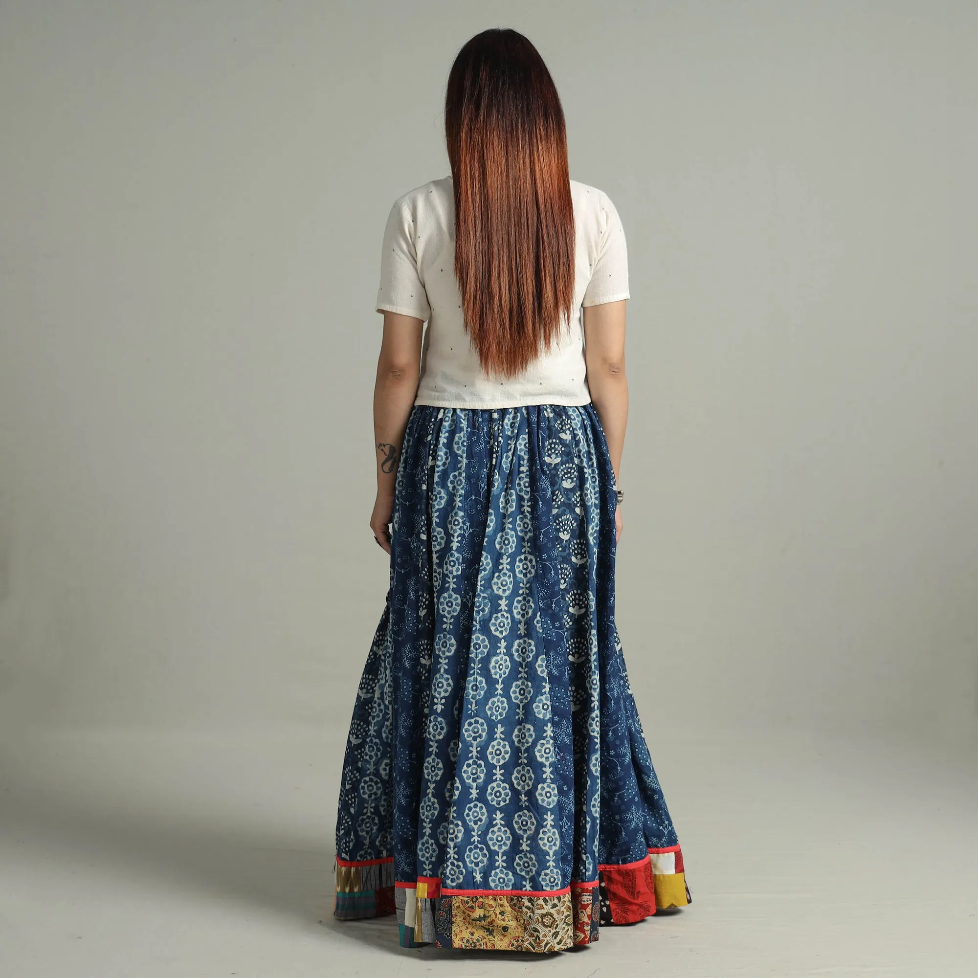 Blue - Indigo Block Printed 24 Kali Patchwork Cotton Long Skirt 07