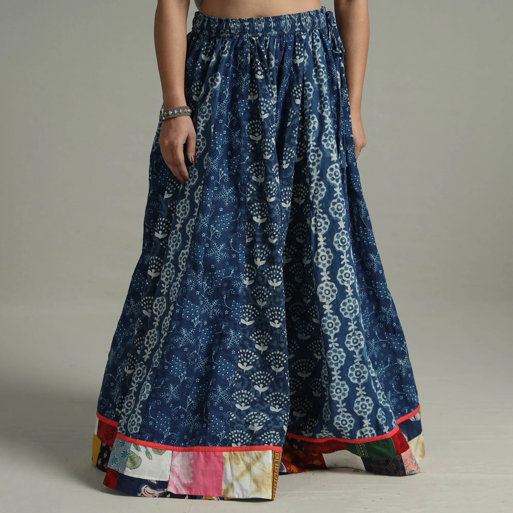 Blue - Indigo Block Printed 24 Kali Patchwork Cotton Long Skirt 07