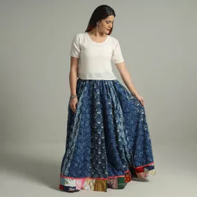 Blue - Indigo Block Printed 24 Kali Patchwork Cotton Long Skirt 07