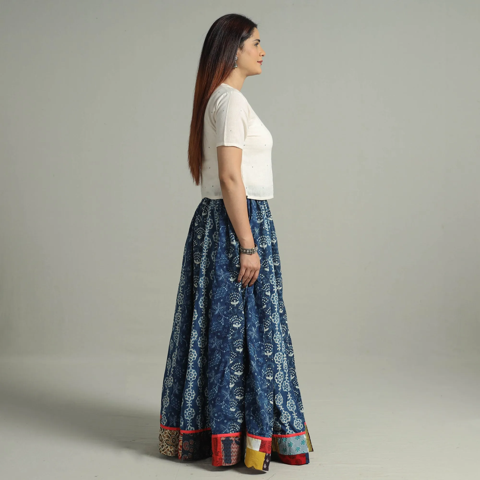 Blue - Indigo Block Printed 24 Kali Patchwork Cotton Long Skirt 07