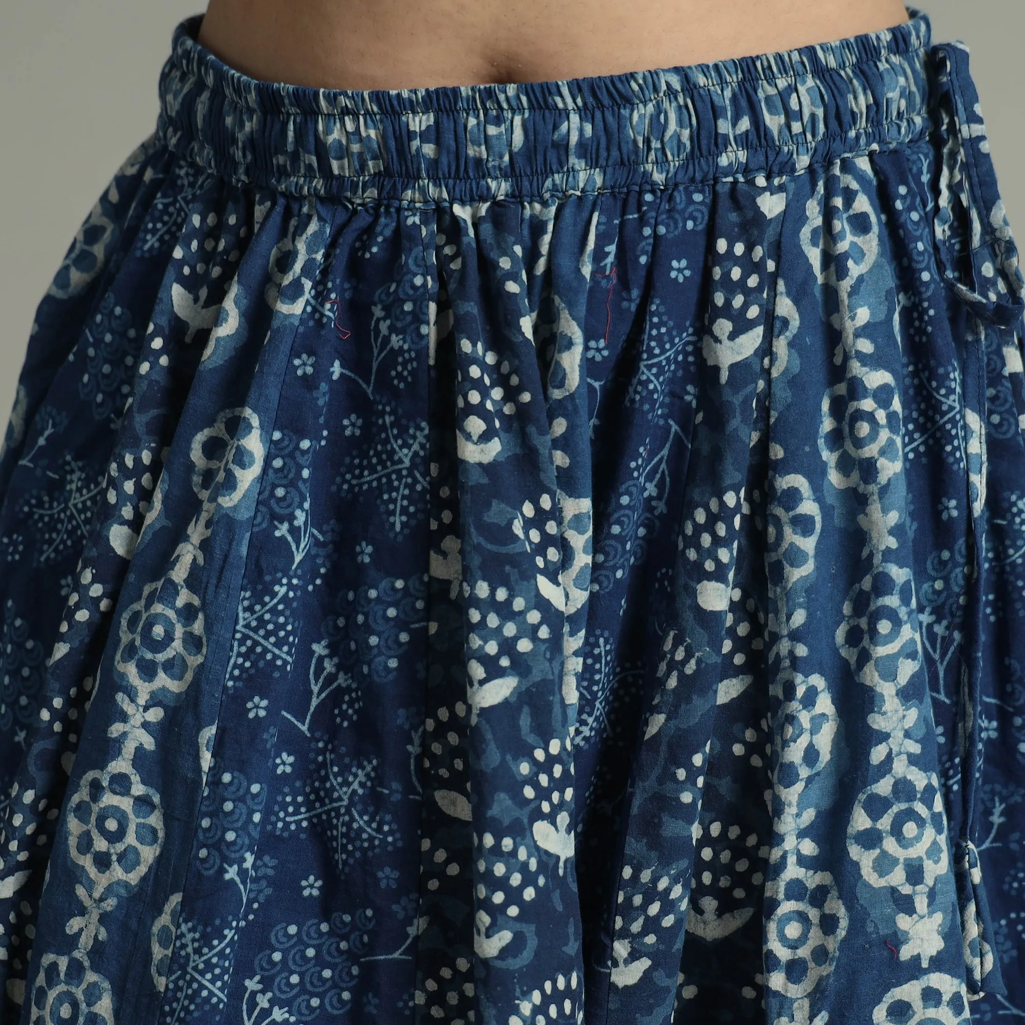 Blue - Indigo Block Printed 24 Kali Patchwork Cotton Long Skirt 07