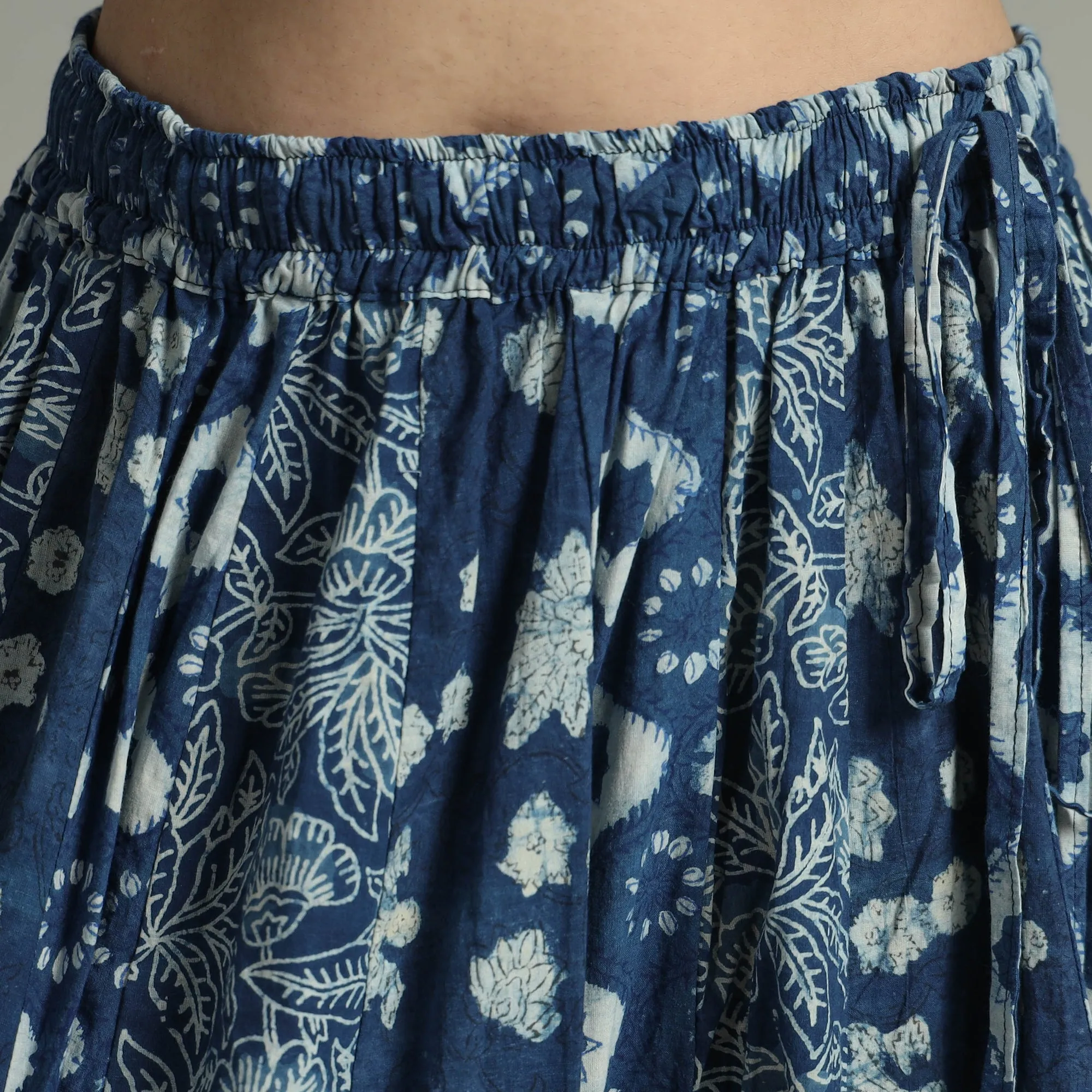 Blue - Indigo Block Printed 24 Kali Patchwork Cotton Long Skirt 08