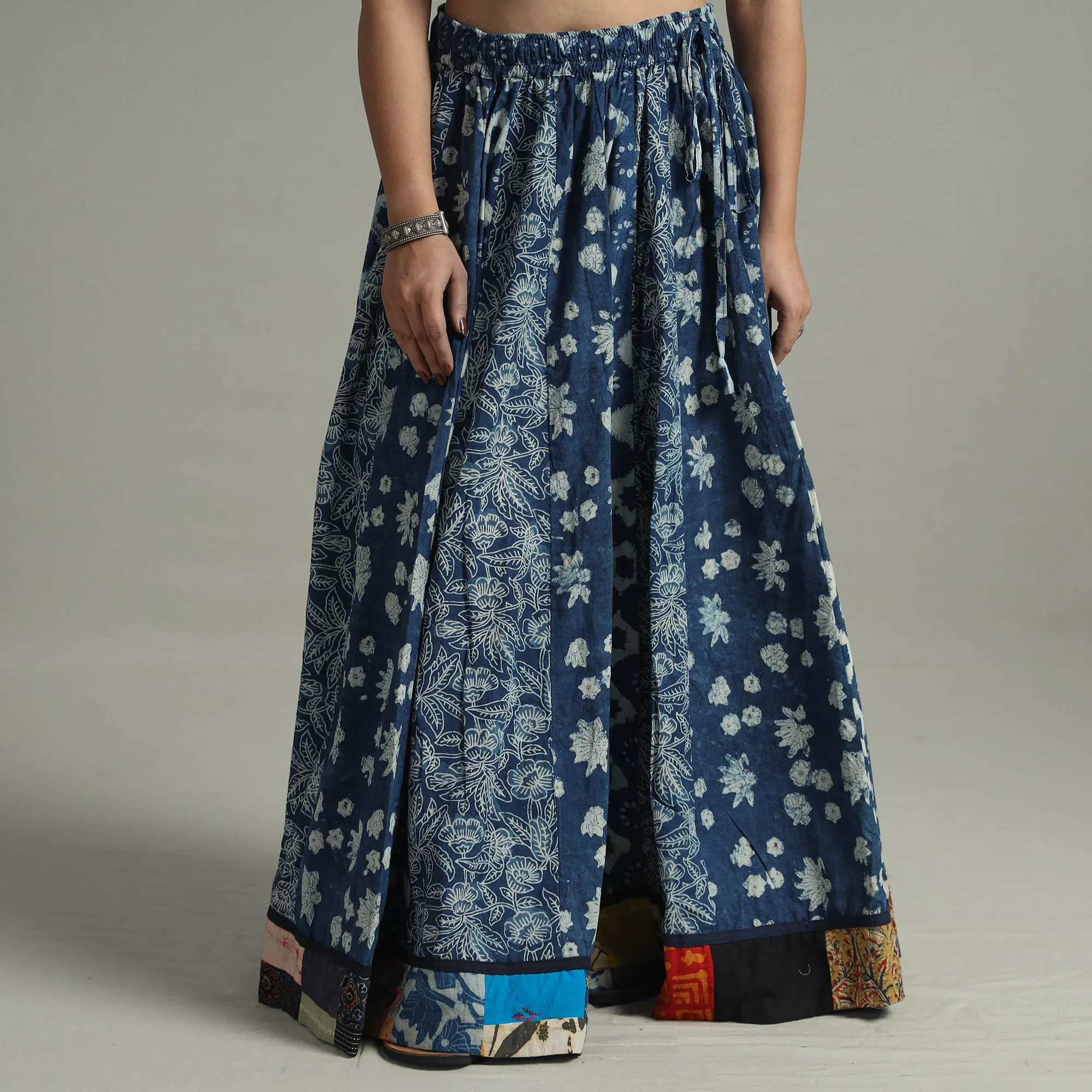 Blue - Indigo Block Printed 24 Kali Patchwork Cotton Long Skirt 08