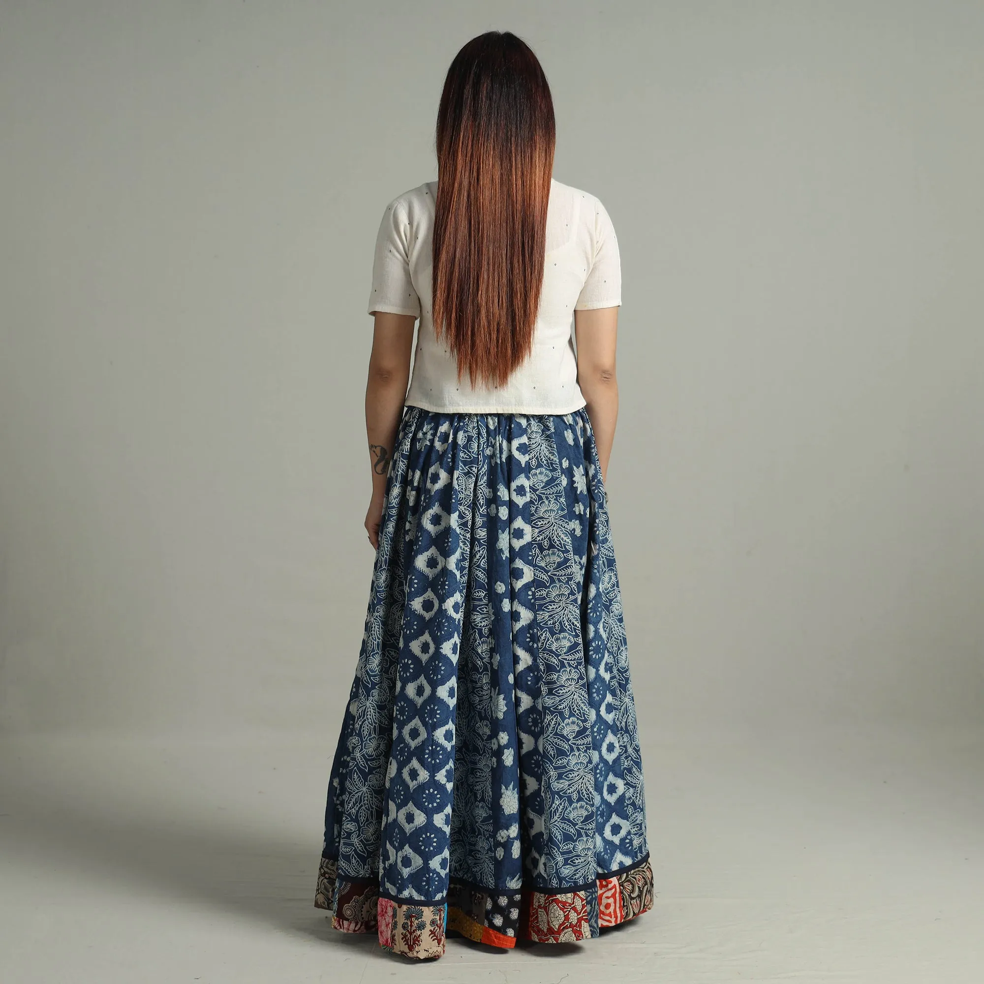 Blue - Indigo Block Printed 24 Kali Patchwork Cotton Long Skirt 08