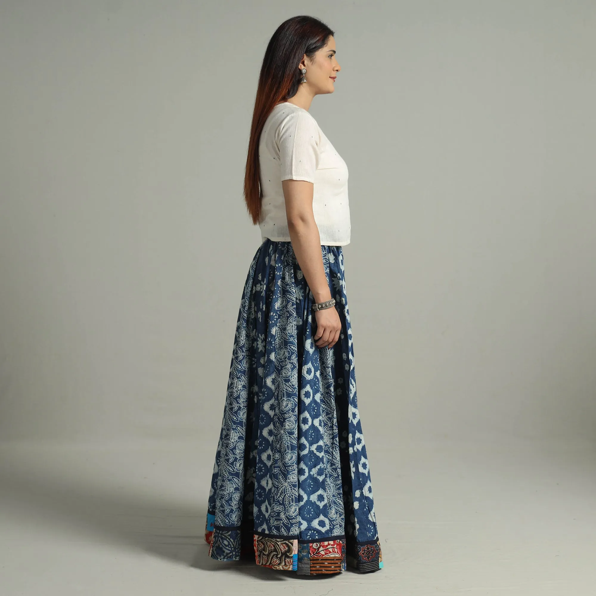 Blue - Indigo Block Printed 24 Kali Patchwork Cotton Long Skirt 08