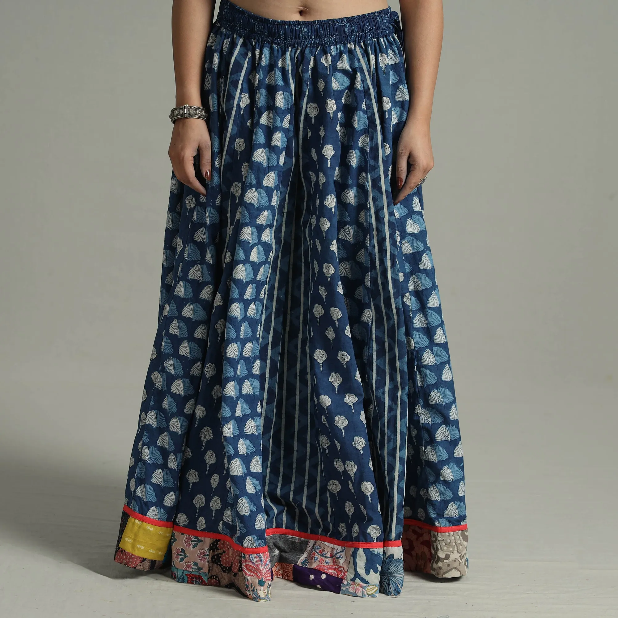 Blue - Indigo Block Printed 24 Kali Patchwork Cotton Long Skirt 13