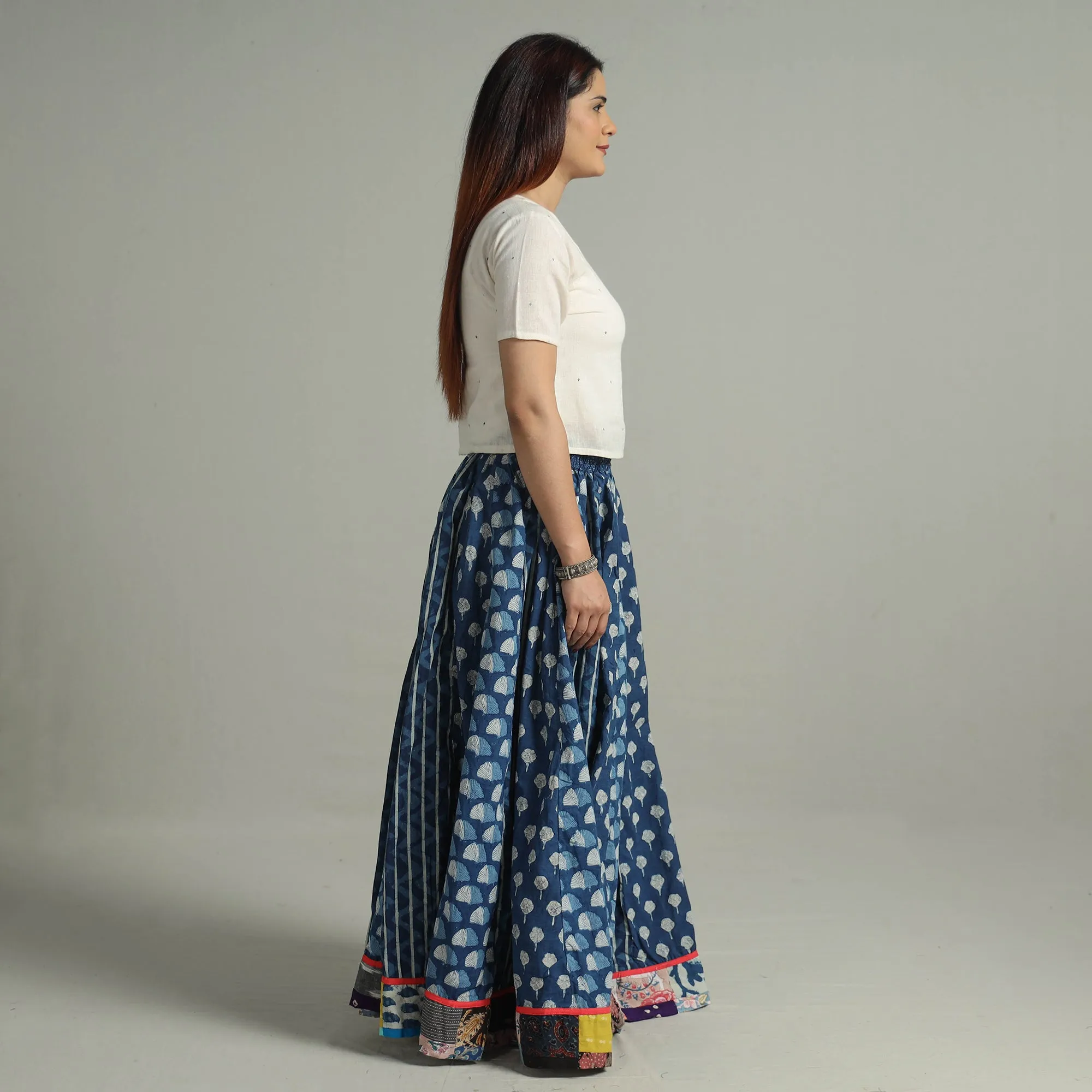 Blue - Indigo Block Printed 24 Kali Patchwork Cotton Long Skirt 13