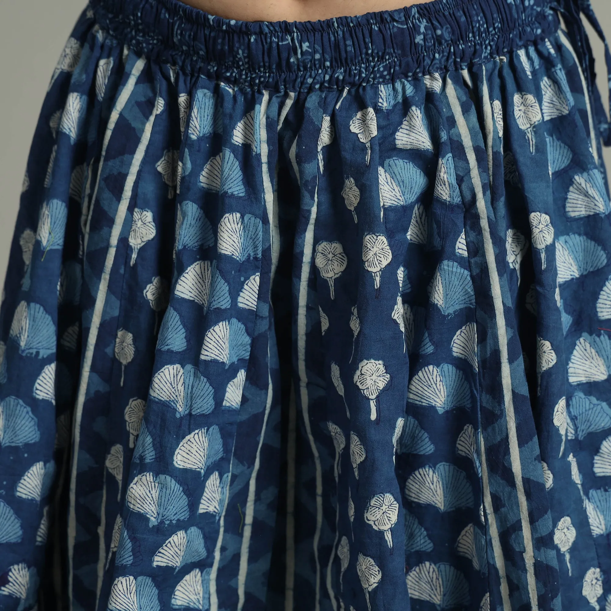 Blue - Indigo Block Printed 24 Kali Patchwork Cotton Long Skirt 13