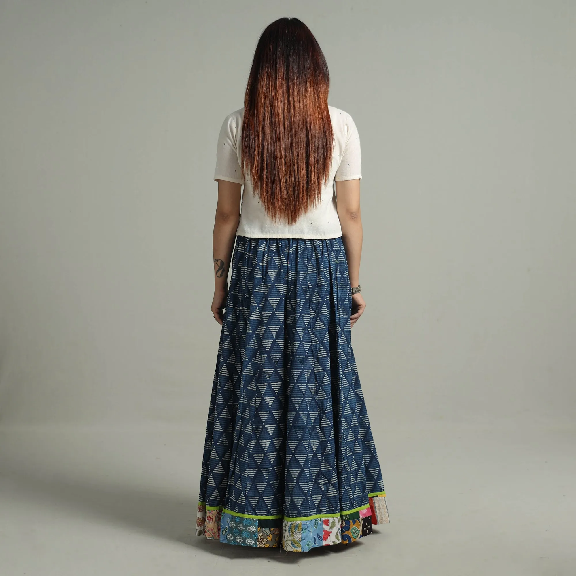 Blue - Indigo Block Printed 24 Kali Patchwork Cotton Long Skirt 19