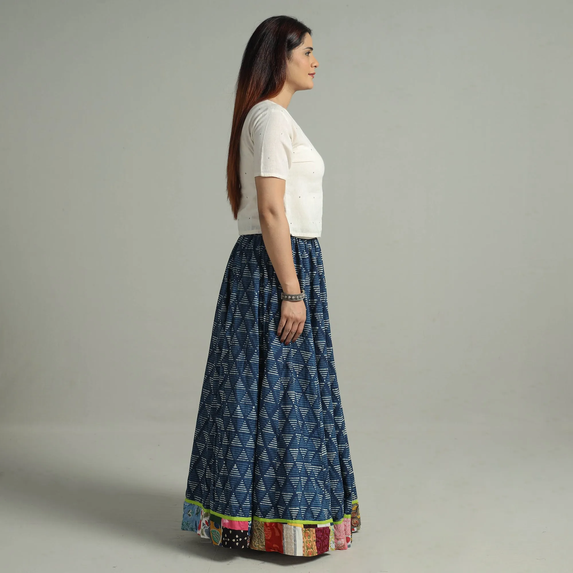 Blue - Indigo Block Printed 24 Kali Patchwork Cotton Long Skirt 19