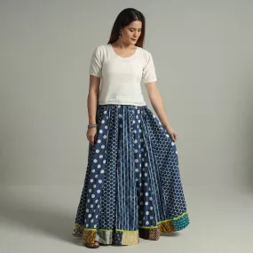 Blue - Indigo Block Printed 24 Kali Patchwork Cotton Long Skirt 30