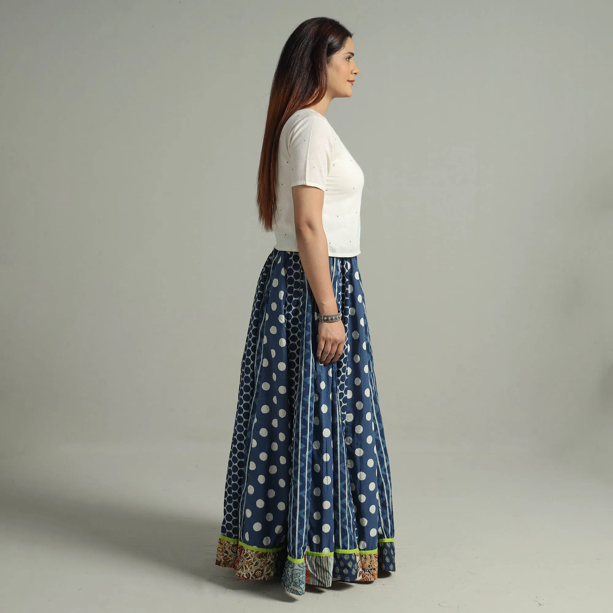 Blue - Indigo Block Printed 24 Kali Patchwork Cotton Long Skirt 30