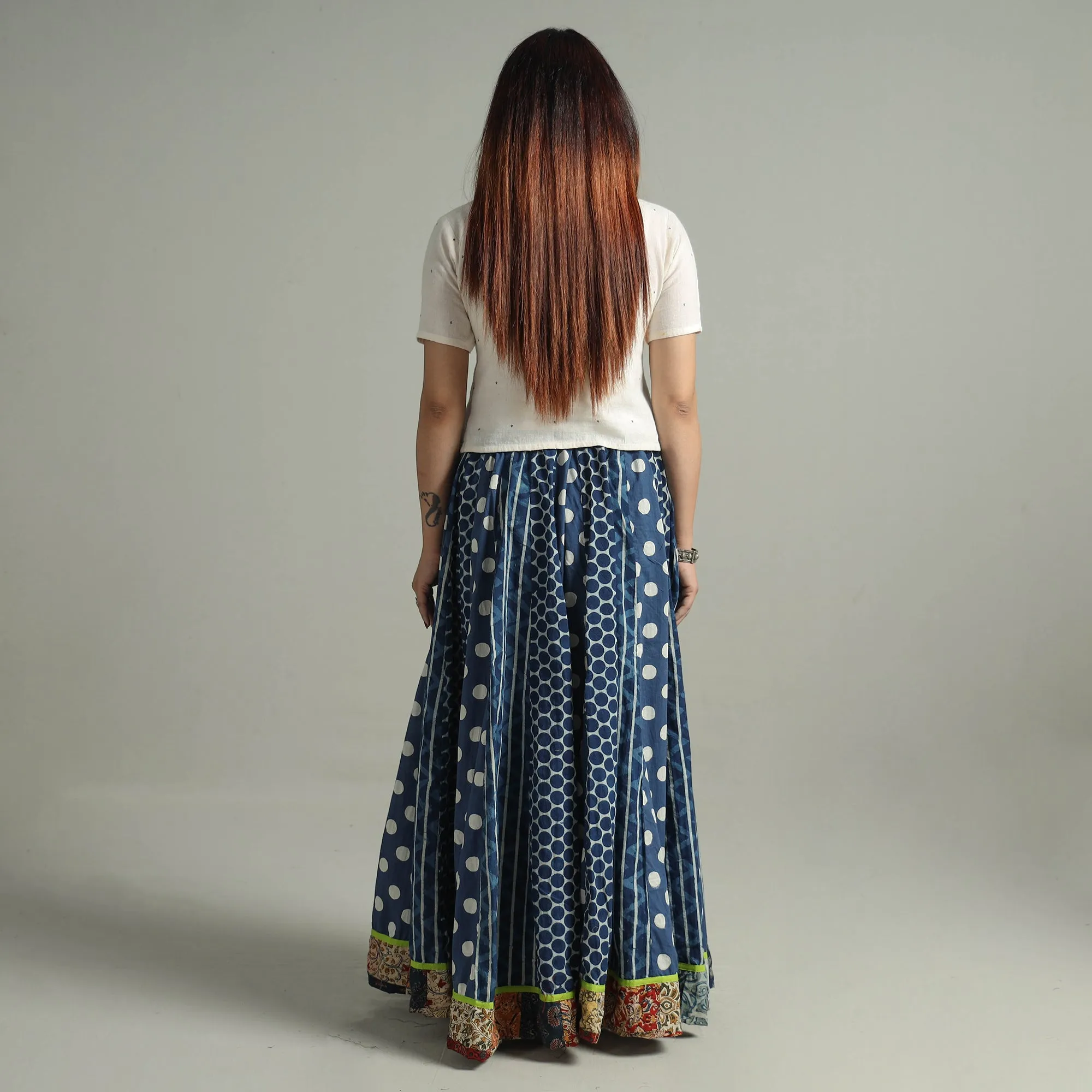 Blue - Indigo Block Printed 24 Kali Patchwork Cotton Long Skirt 30