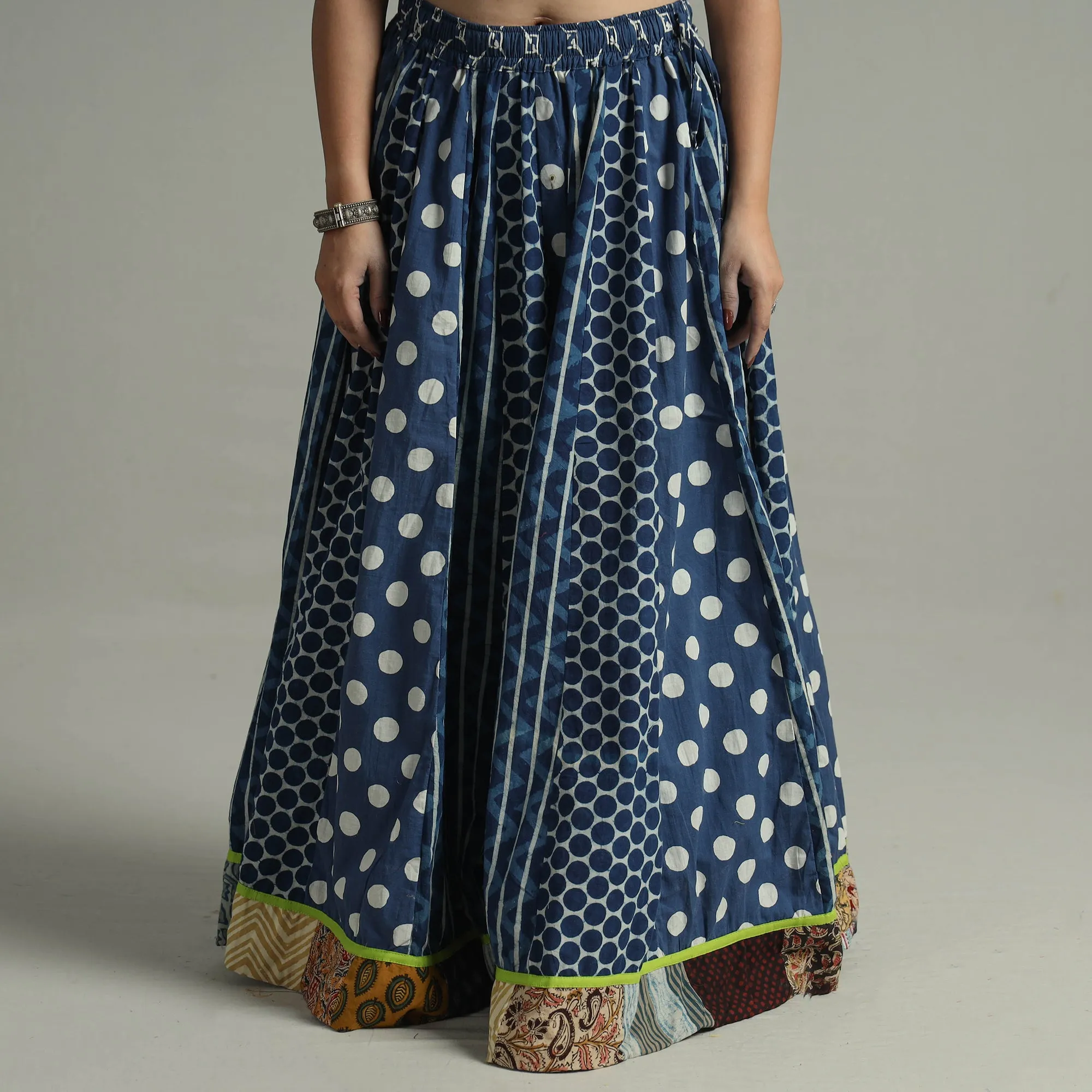 Blue - Indigo Block Printed 24 Kali Patchwork Cotton Long Skirt 30