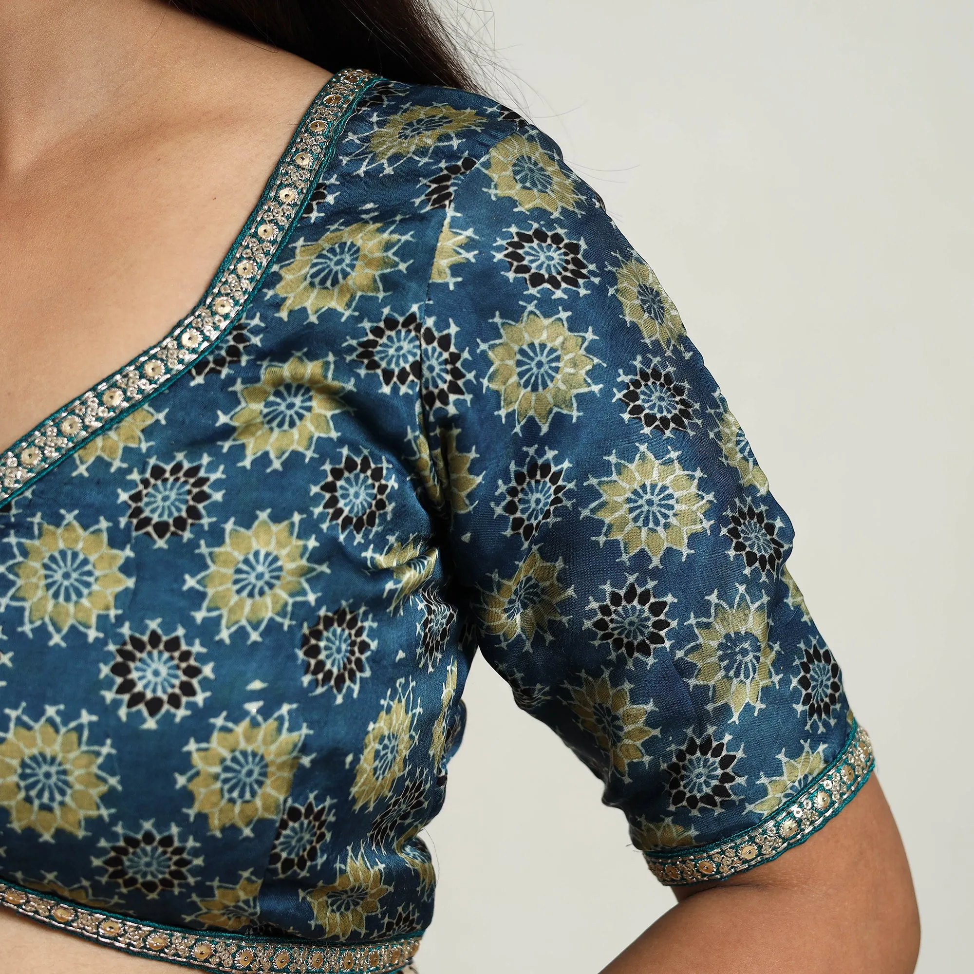 Blue - Modal Silk Block Print Stitched Ajrakh Blouse 01