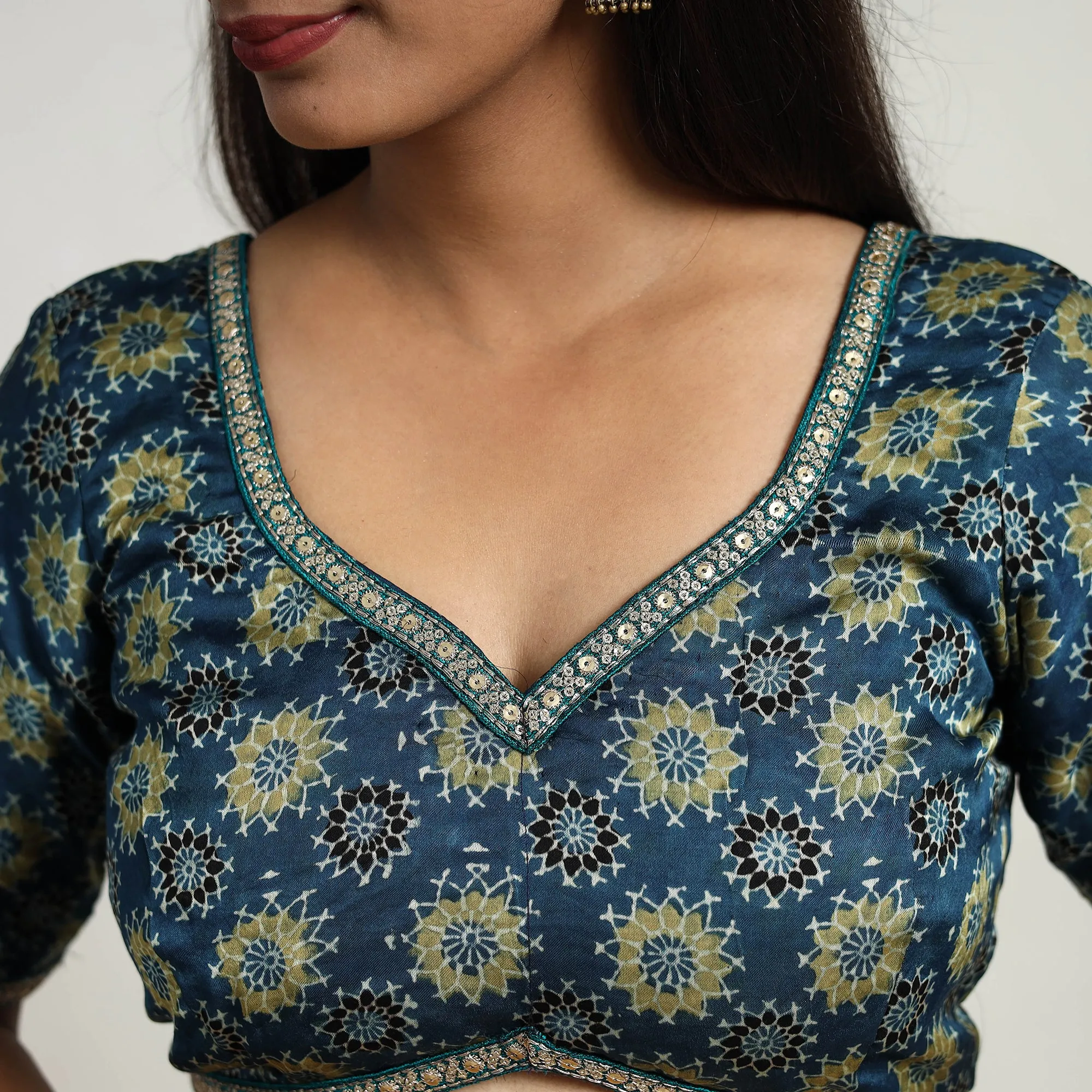 Blue - Modal Silk Block Print Stitched Ajrakh Blouse 01