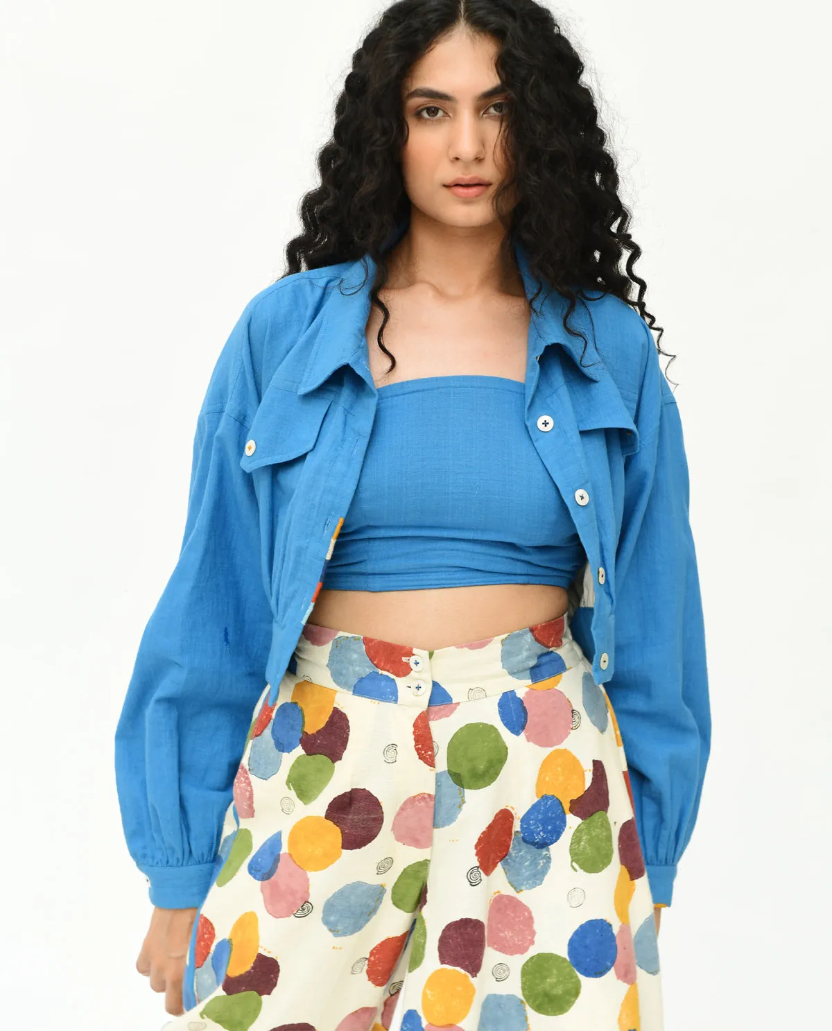 Blue Solid Cropped Jacket