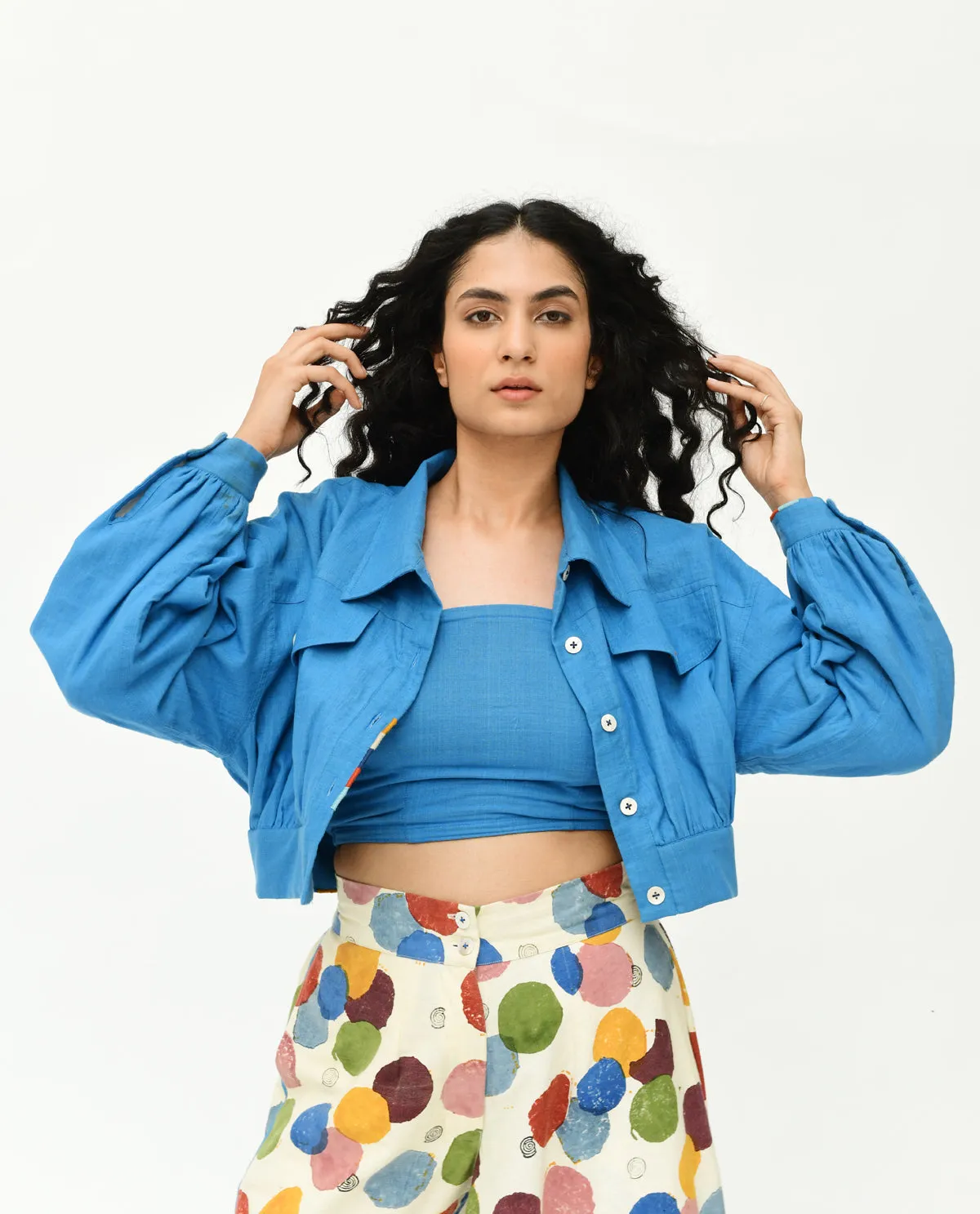 Blue Solid Cropped Jacket