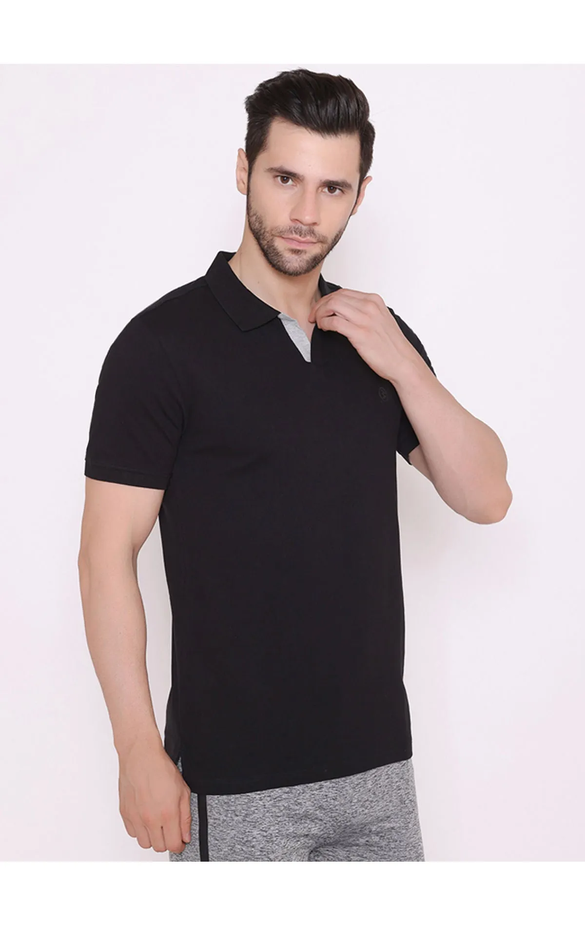 Bodyactive Solid Casual Half Sleeve Cotton Rich V neck Pique Polo T-Shirt for Men-TS52-BLK-GRY