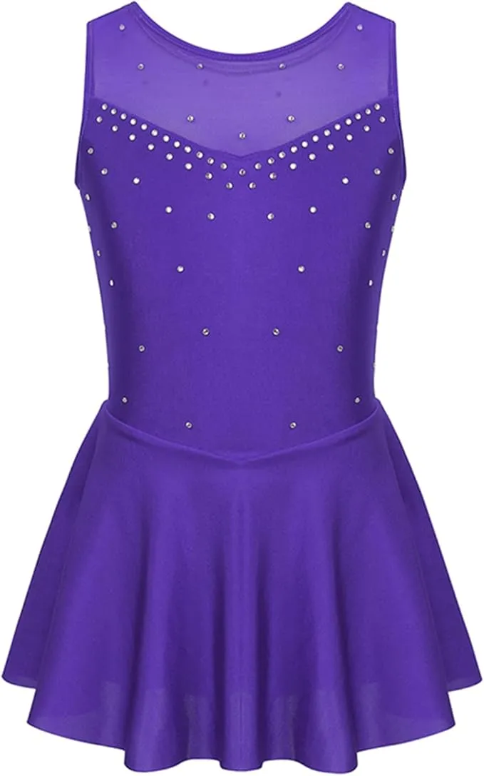 Boutique Step Up Figure Skating Dress Sleeveless mesh Sparkling Rhinestones (PURPLE)