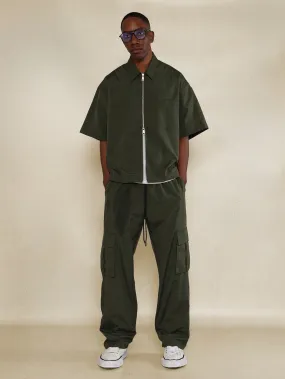 Boxy Fit Zip Through Nylon Shirt And Cargo Pant 2 Piece Set