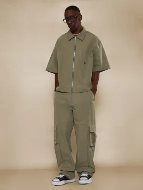 Boxy Nylon Zip-Up Shirt And Loose Fit Nylon Cargo Pant 2 Piece Set