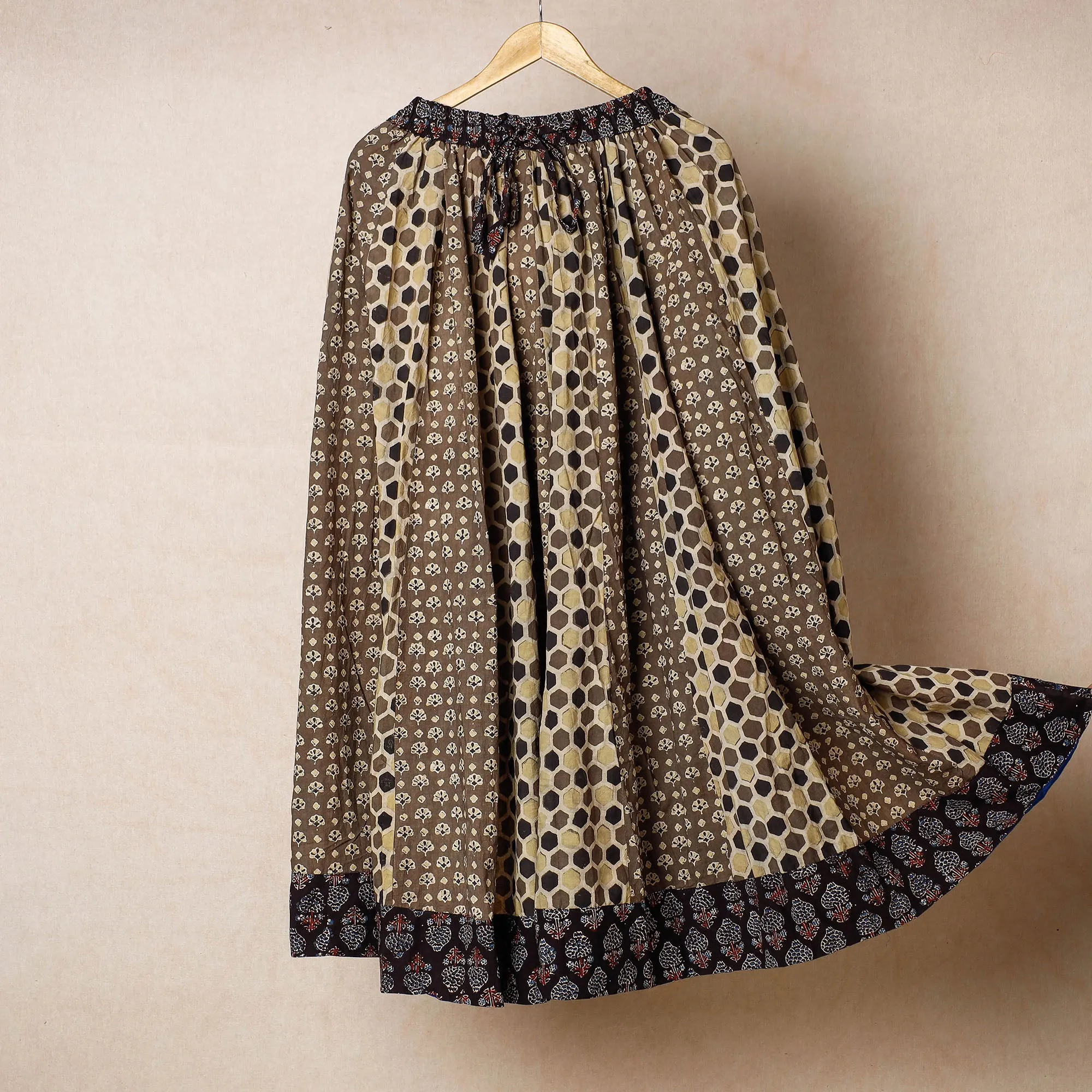 Brown - 24 Kali Ajrakh Block Printed Patchwork Cotton Long Skirt