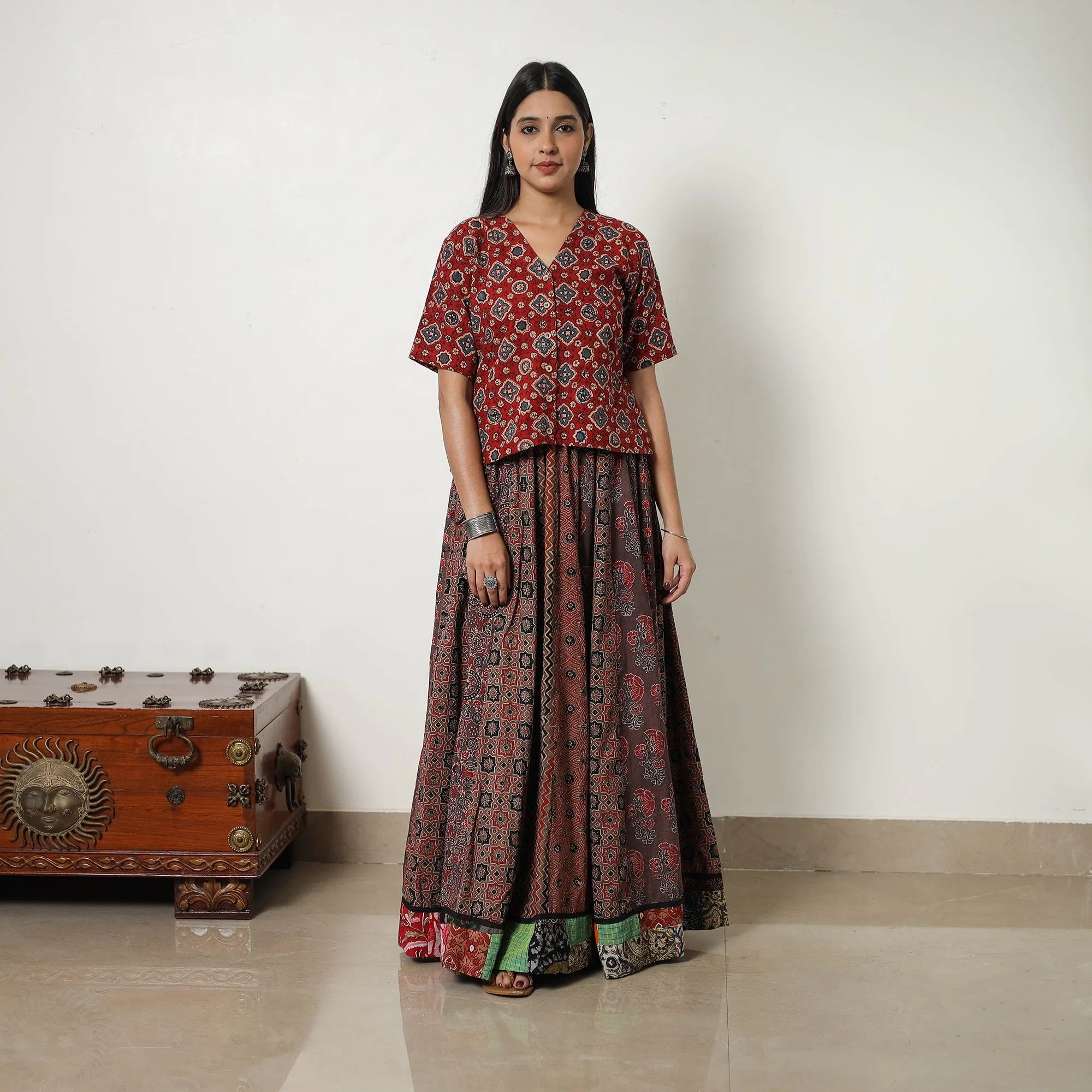 Brown - Block Print Cotton 24 Kali Patchwork Ajrakh Long Skirt 12