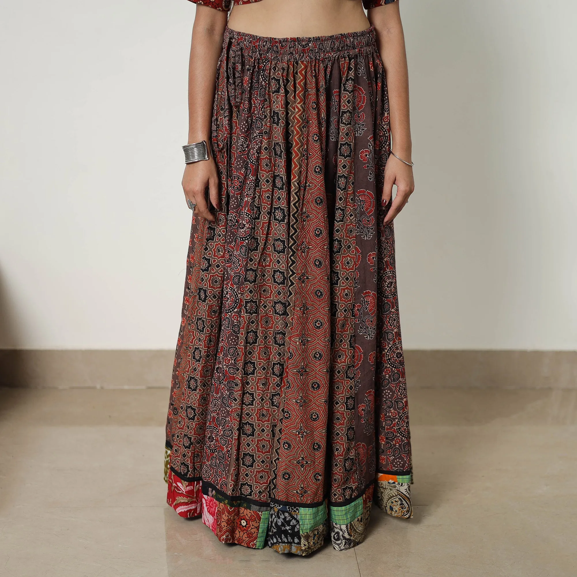 Brown - Block Print Cotton 24 Kali Patchwork Ajrakh Long Skirt 12