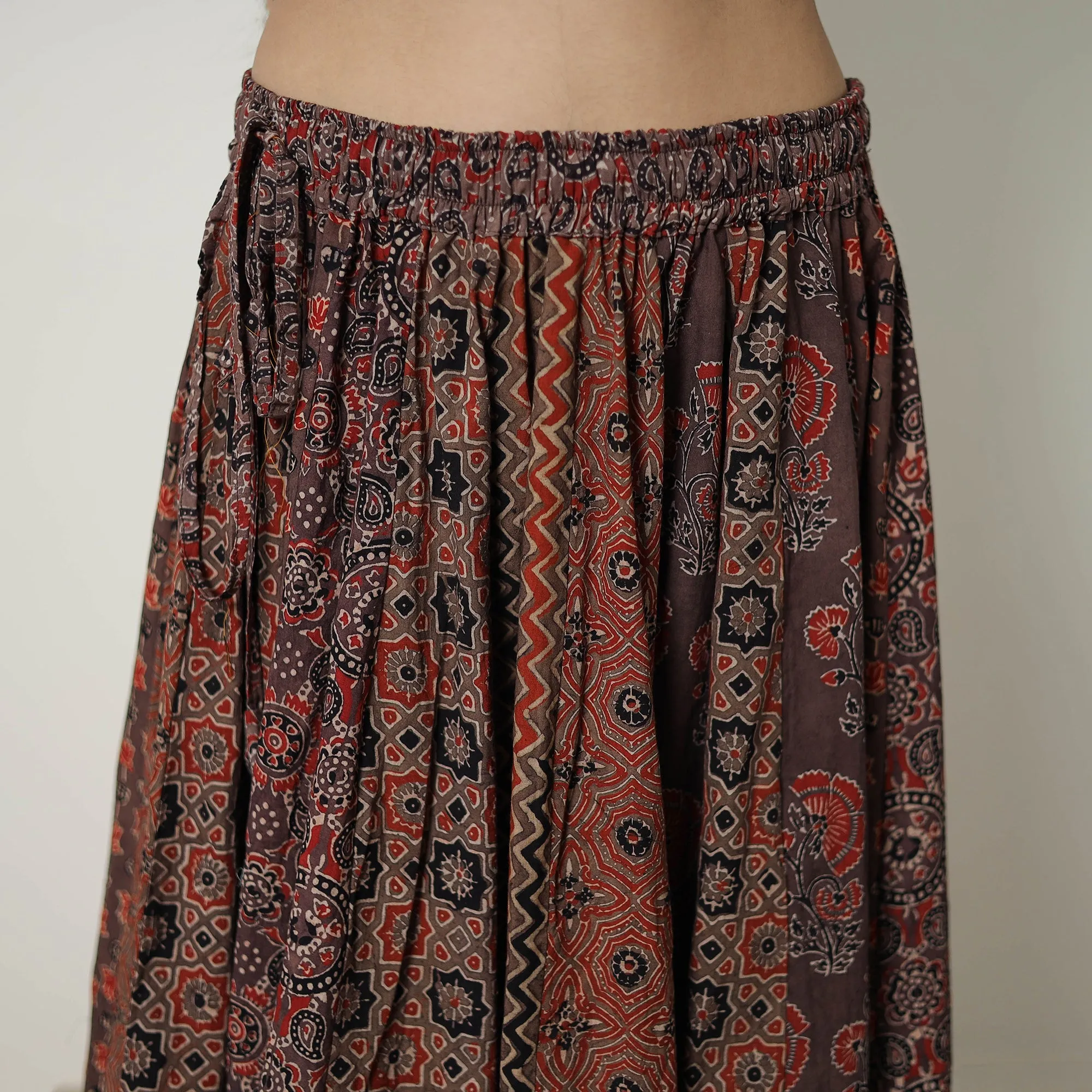 Brown - Block Print Cotton 24 Kali Patchwork Ajrakh Long Skirt 12