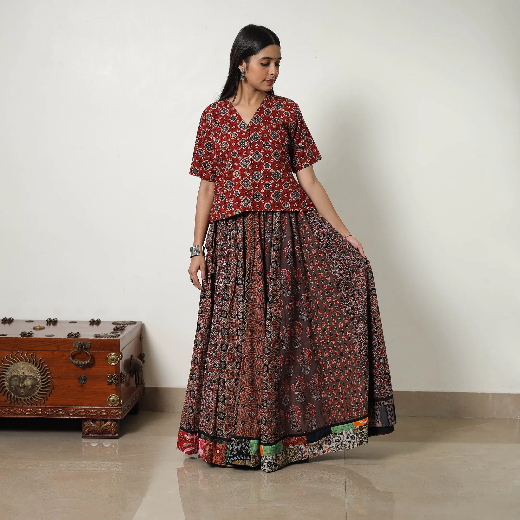 Brown - Block Print Cotton 24 Kali Patchwork Ajrakh Long Skirt 12