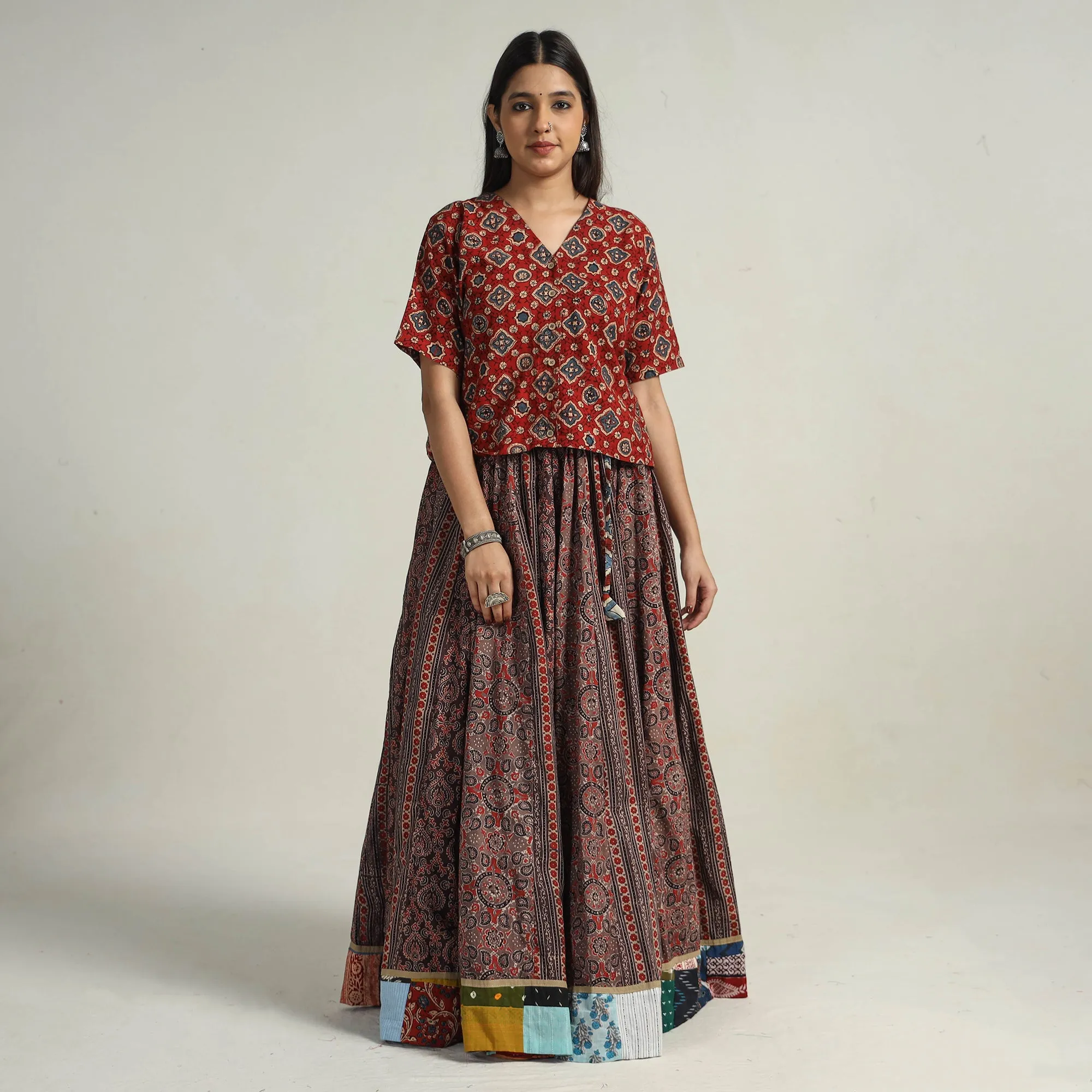 Brown - Kutch Block Printed 24 Kali Cotton Long Skirt 40