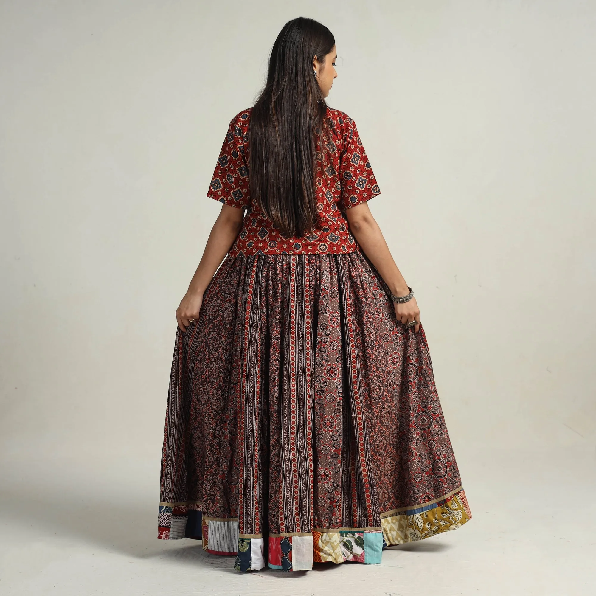 Brown - Kutch Block Printed 24 Kali Cotton Long Skirt 40