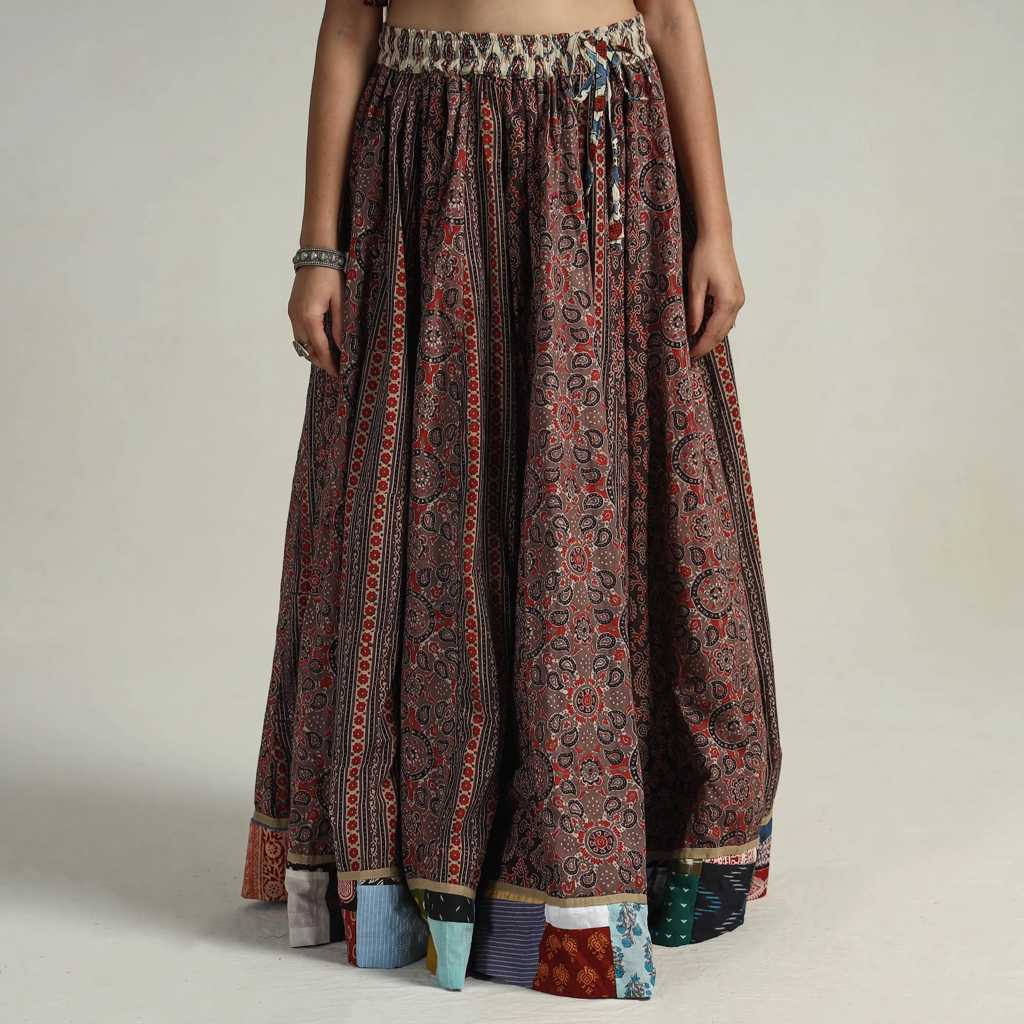 Brown - Kutch Block Printed 24 Kali Cotton Long Skirt 40