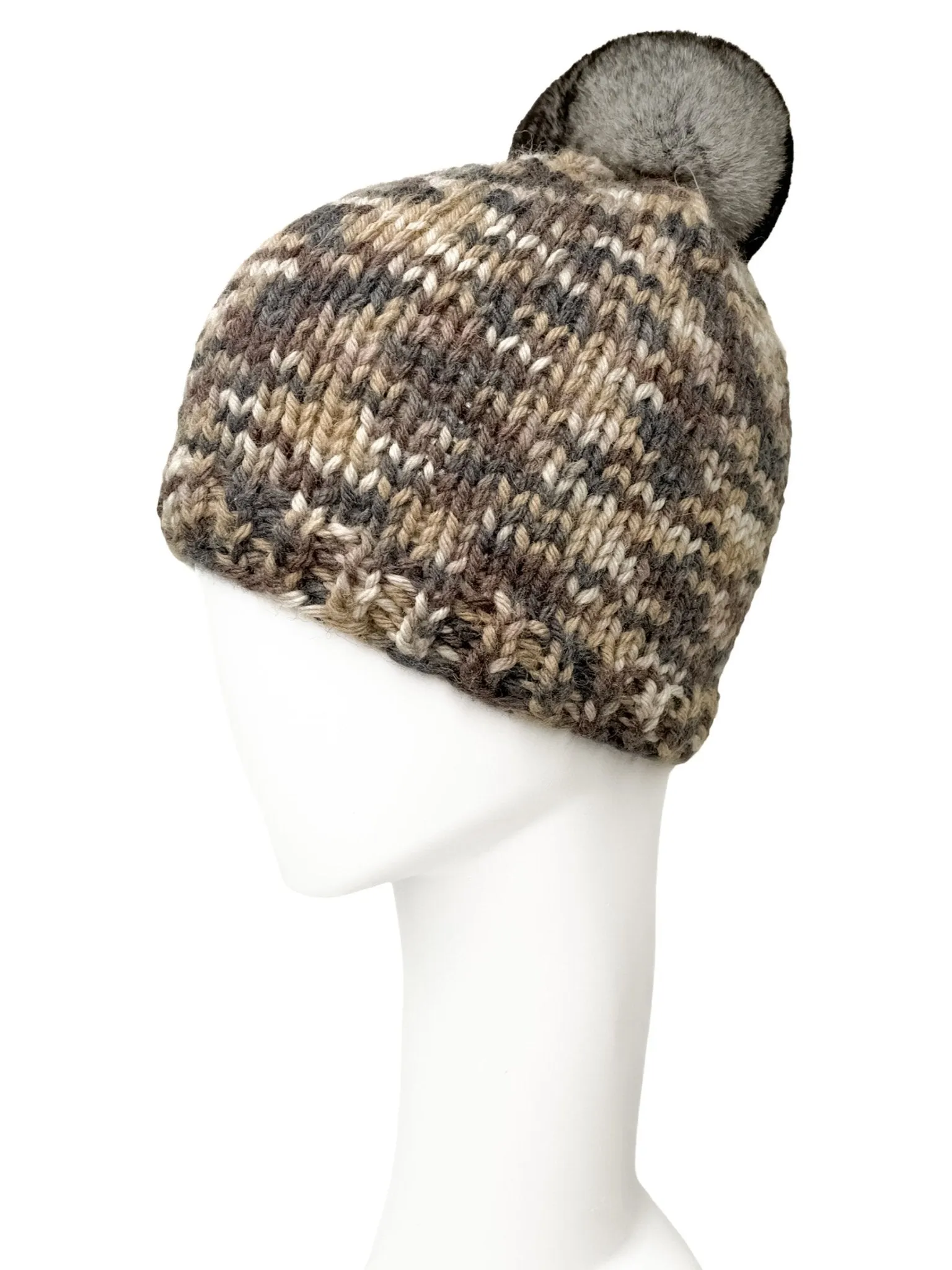 Brown Melange Chinchilla Pom Pom Beanie