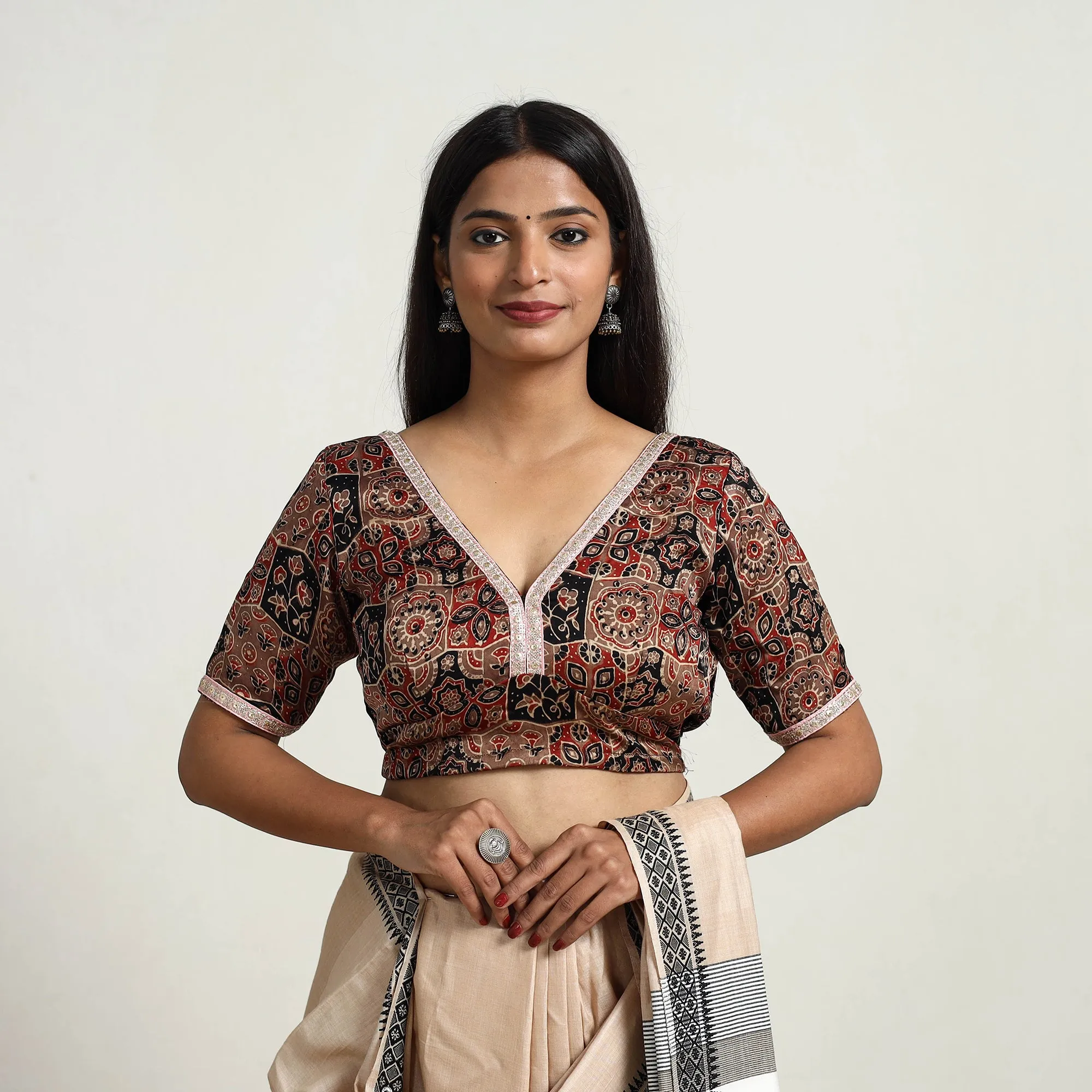 Brown - Modal Silk Block Print Stitched Ajrakh Blouse 09