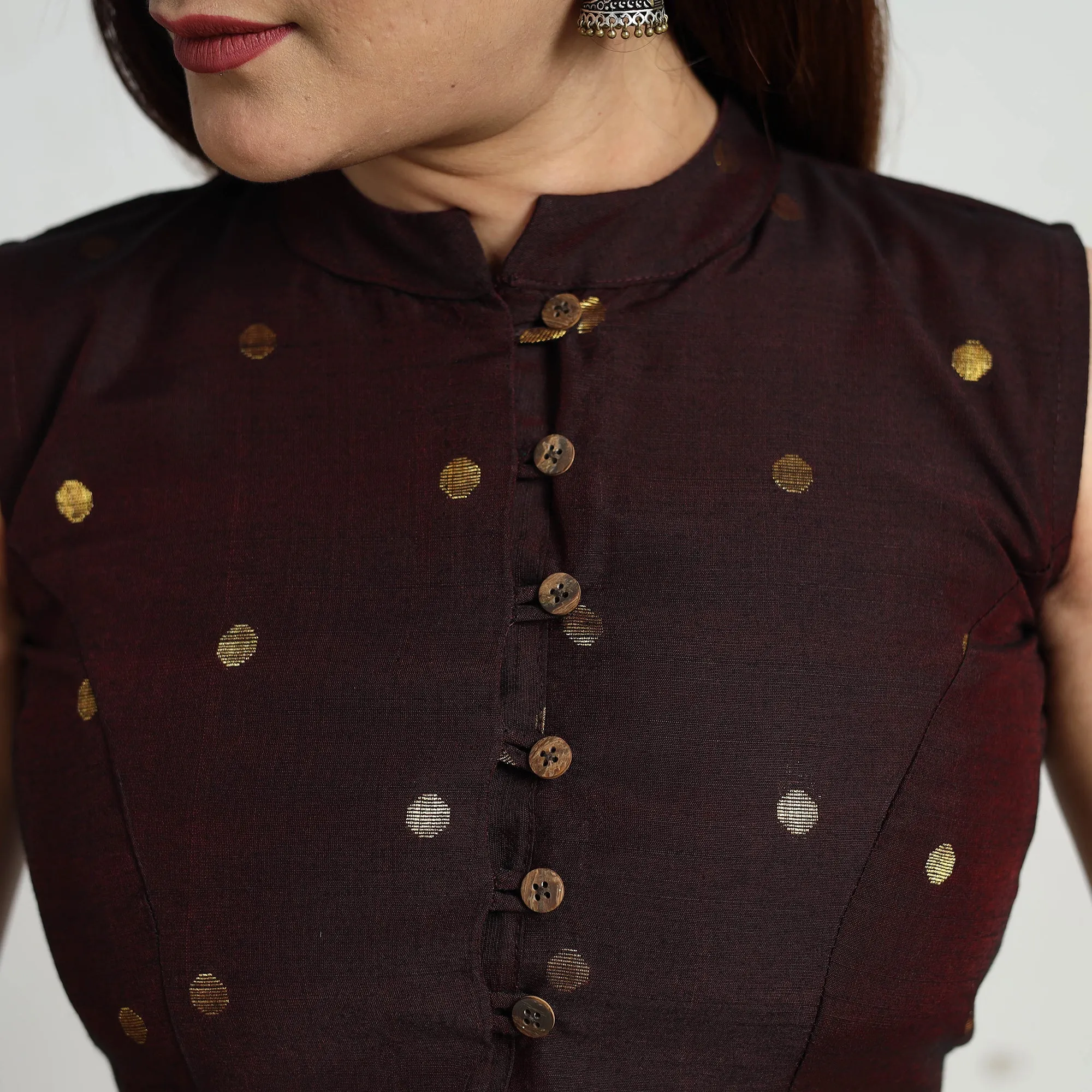 Brown - Polka Dot Zari Buti Silk Stitched Plain Blouse 05