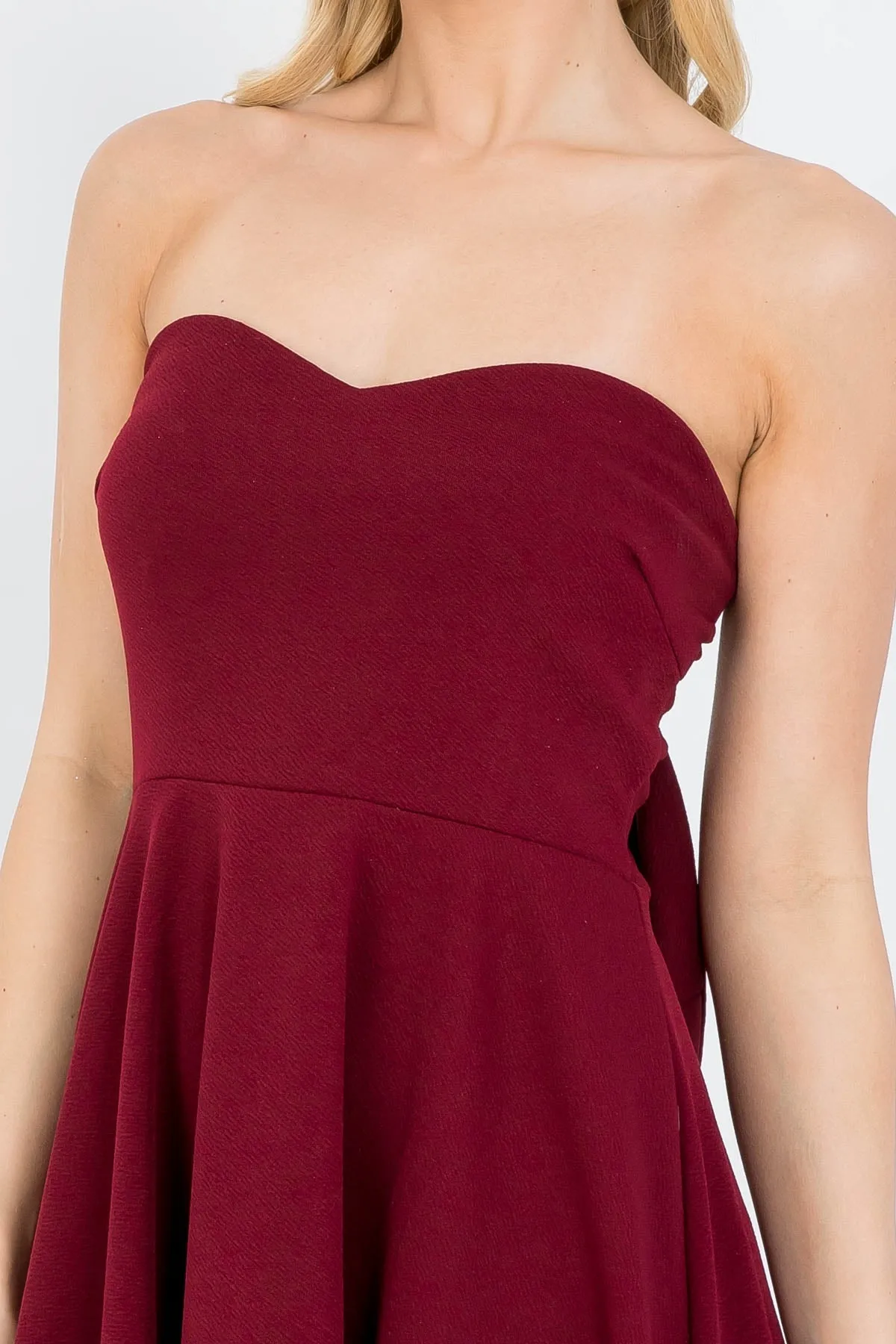 BURGUNDY OFF-SHOULDER TUBE TOP WITH BOW-TIE BACK RUFFLE MINI DRESS