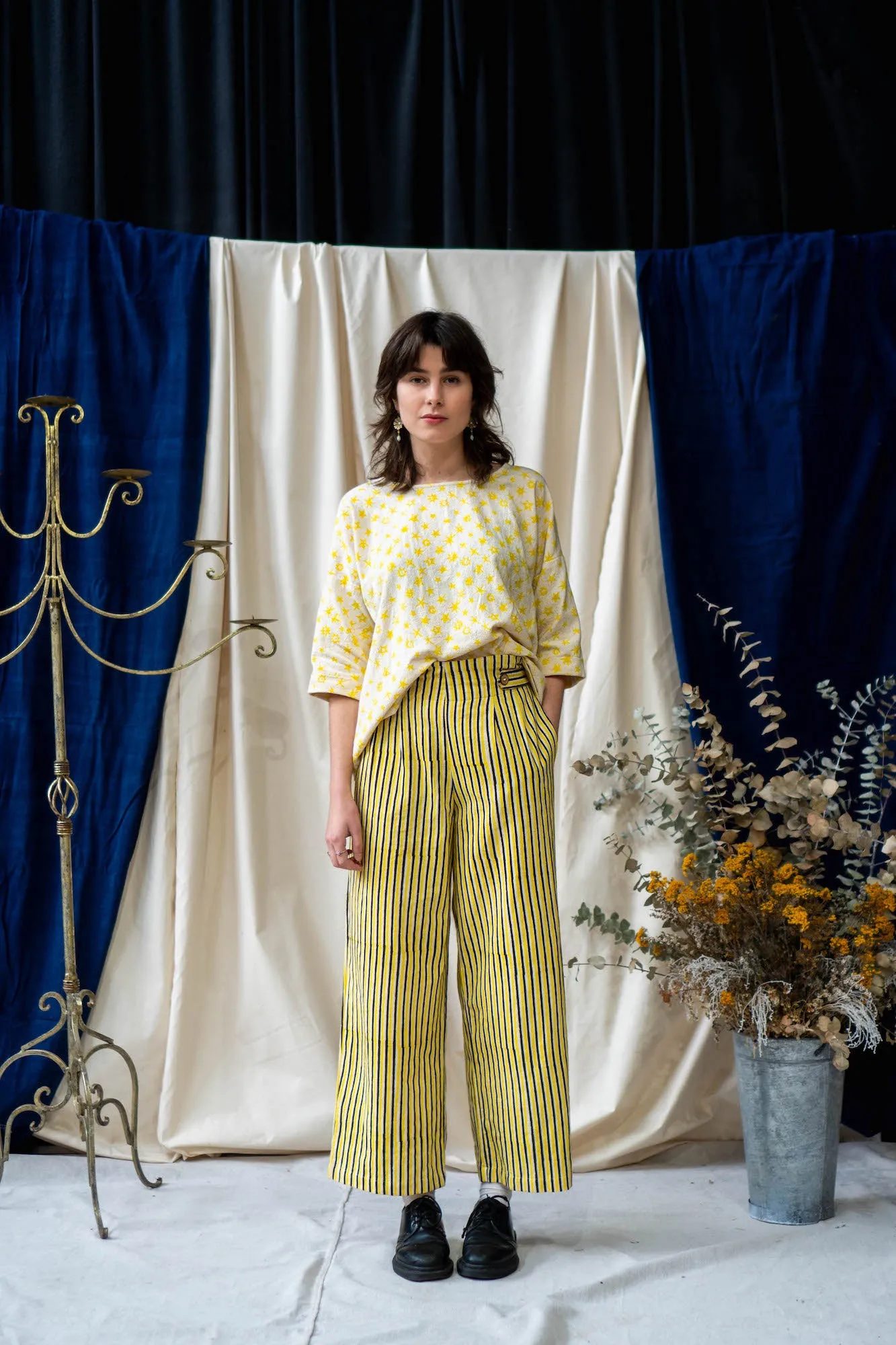 Button Pants Full Length - Yellow and Black Stripe Print