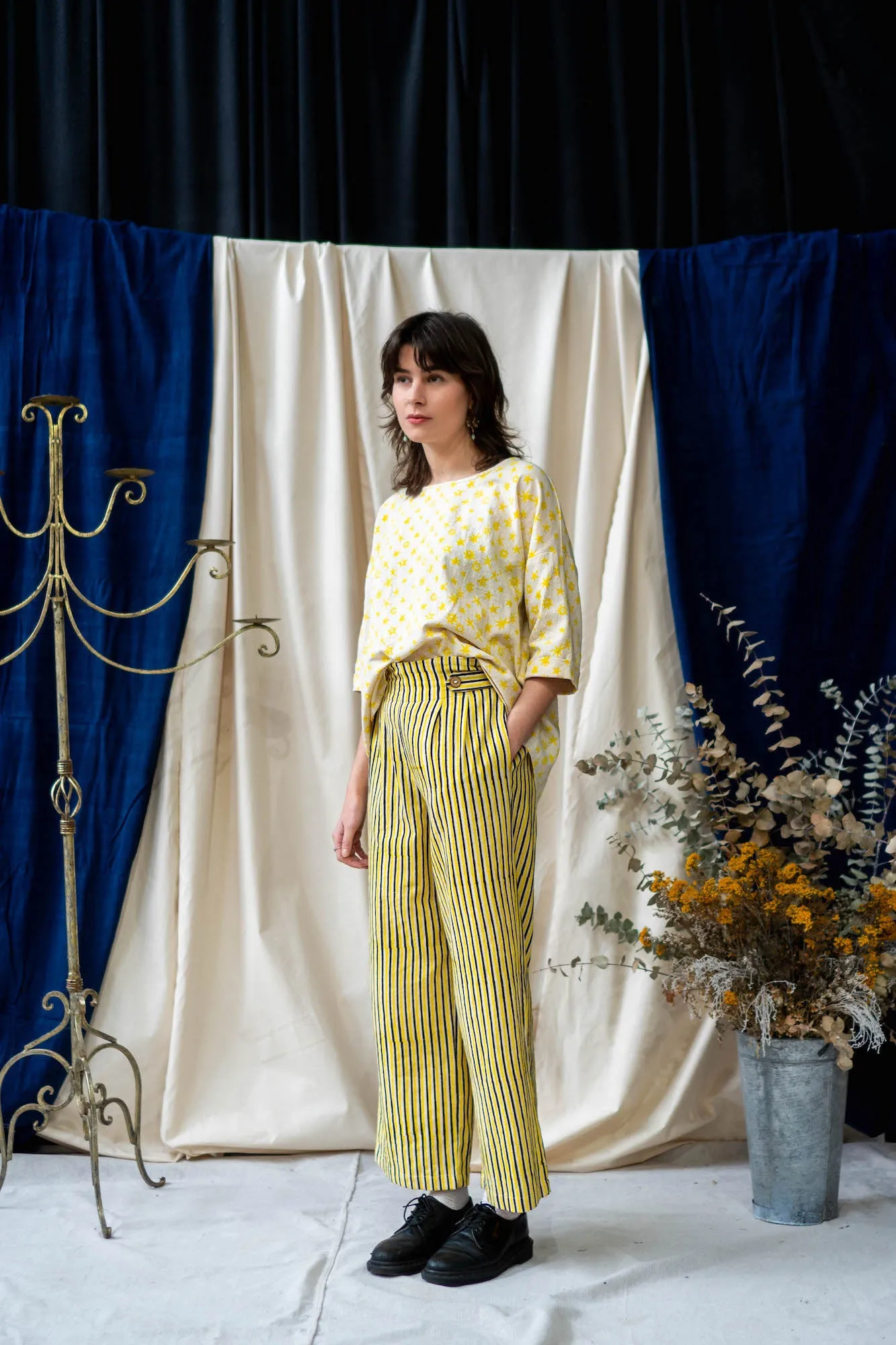 Button Pants Full Length - Yellow and Black Stripe Print