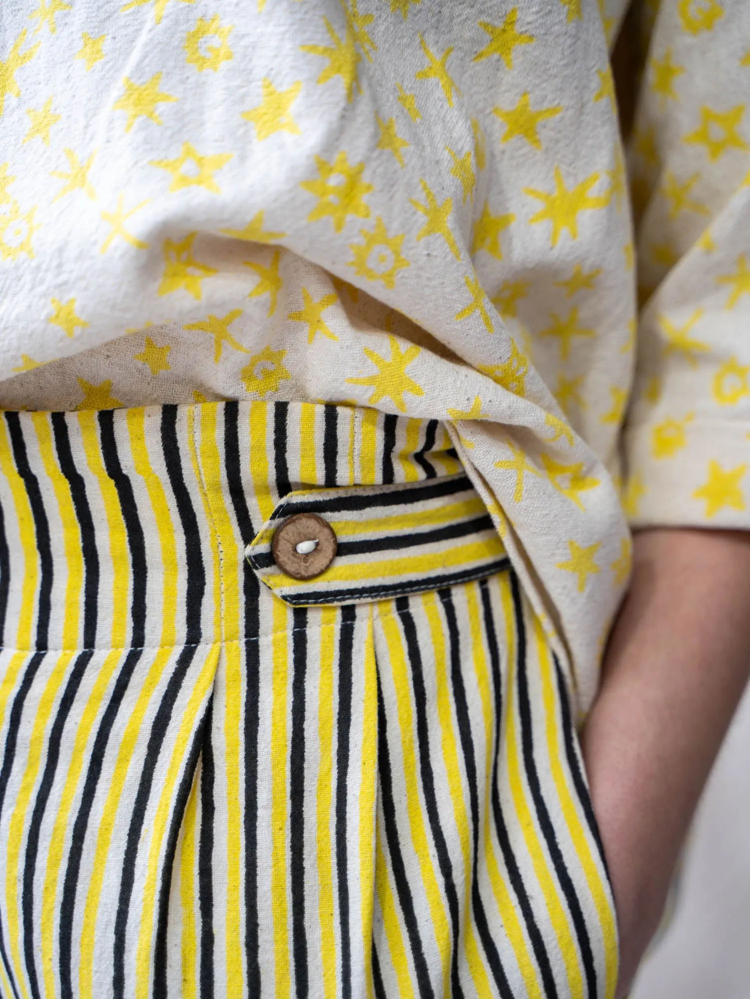 Button Pants Full Length - Yellow and Black Stripe Print