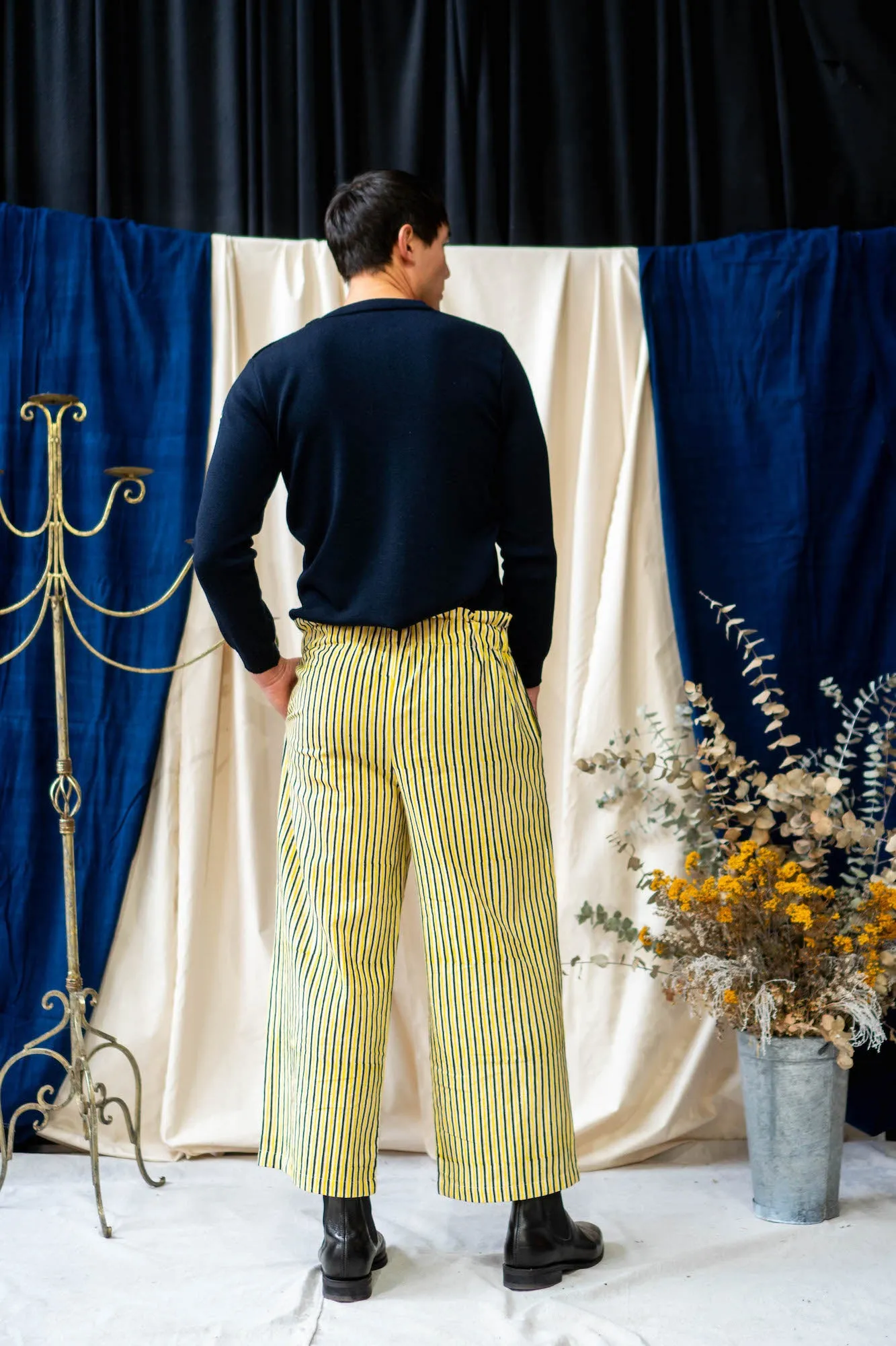 Button Pants Full Length - Yellow and Black Stripe Print